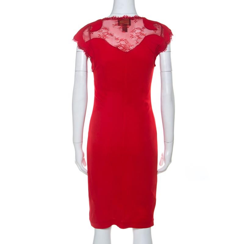 Class By Roberto Cavalli Red Lace Insert Detail Sleeveless Dress M For Sale  at 1stDibs