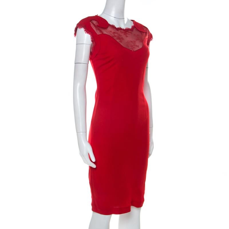 Klasse von Roberto Cavalli, rotes, ärmelloses Kleid mit Spitzeneinsatz, M (Rot)