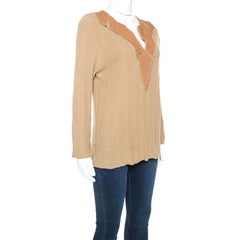 Class by Roberto Cavalli Tan Rib Knit Leather Trim Top XXL