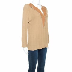 Class by Roberto Cavalli Tan Rib Knit Leather Trim Top XXL