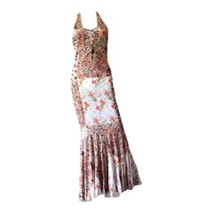 CLASS by ROBERTO CAVALLI Vintage 2000s Leopard & Floral Halter Mermaid Gown