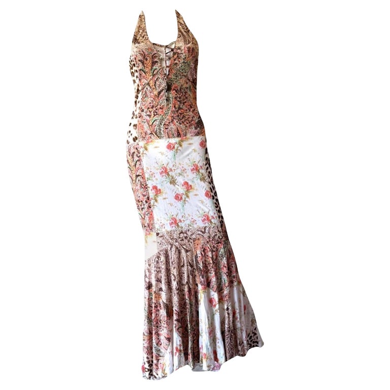 CLASS by ROBERTO CAVALLI Vintage 2000s Leopard and Floral Halter Mermaid  Gown For Sale at 1stDibs