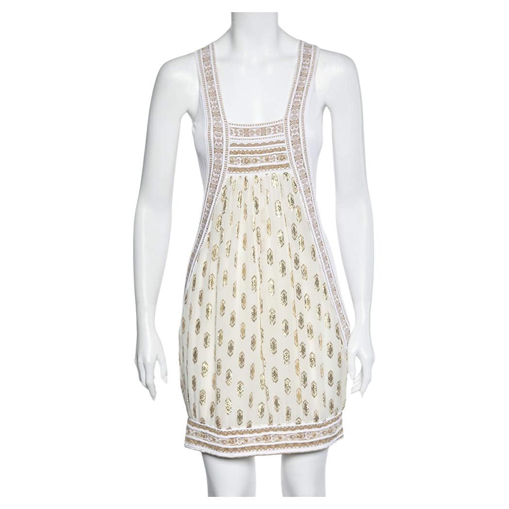 Class by Roberto Cavalli White & Gold Jacquard Sleeveless Mini Dress M For Sale