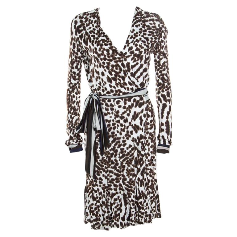 Class by Roberto Cavalli White Leopard Printed Knit Long Sleeve Wrap Dress M