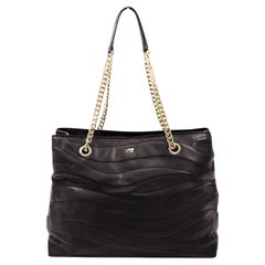 Class Cavalli Black Leather Chain Shoulder Tote Bag