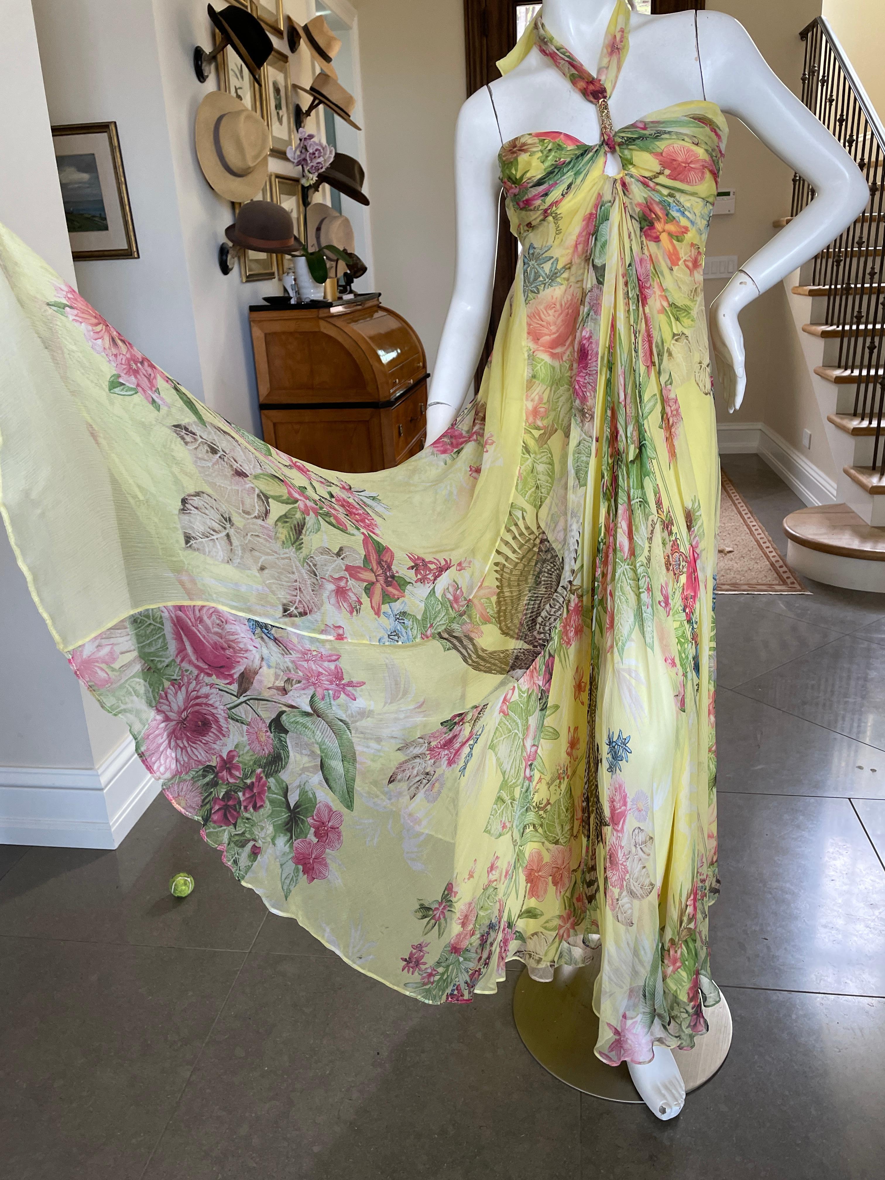 Class Cavalli Charming Yellow Vintage Pheasant Print Chiffon  Dress  In Excellent Condition For Sale In Cloverdale, CA