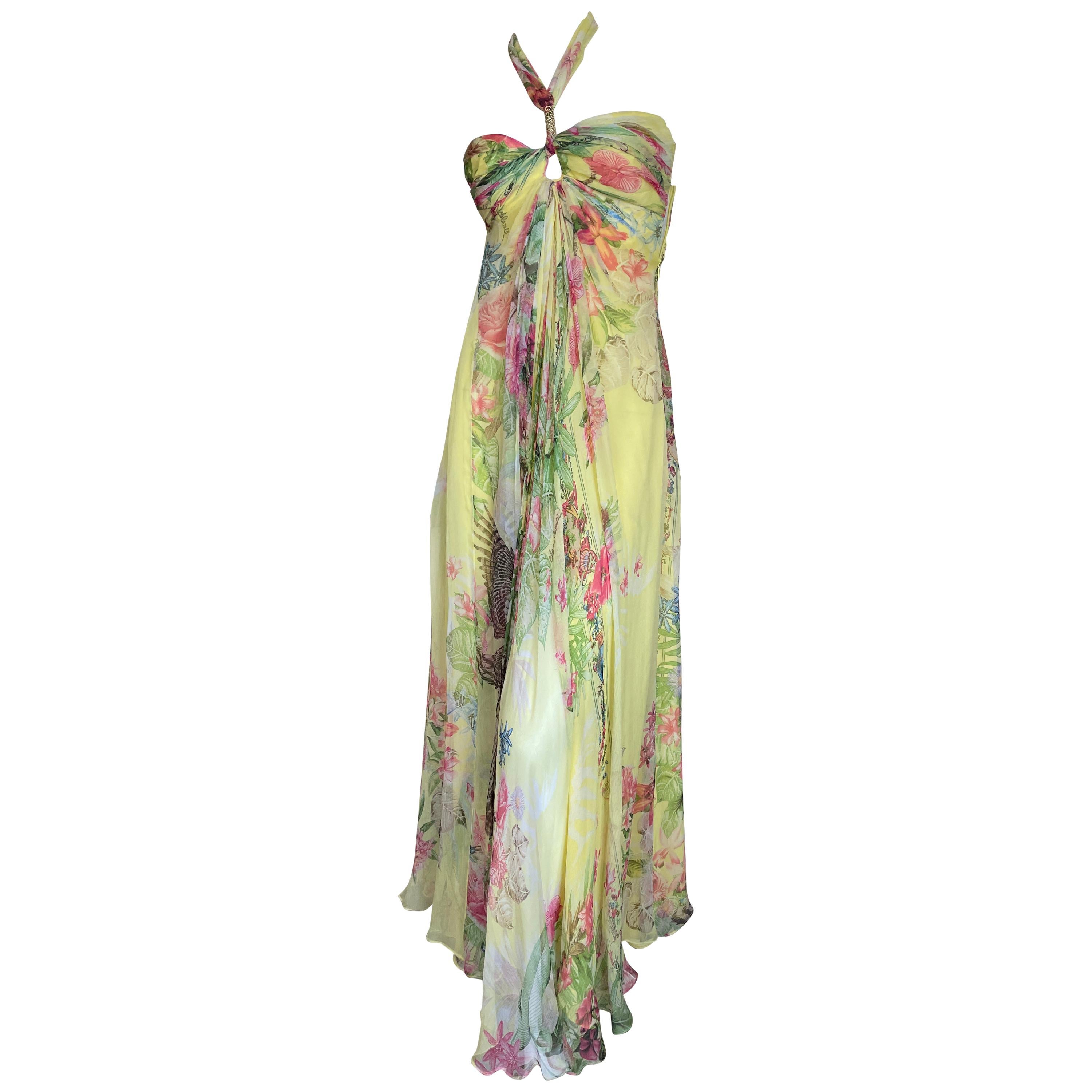 Class Cavalli Charming Yellow Vintage Pheasant Print Chiffon  Dress  For Sale