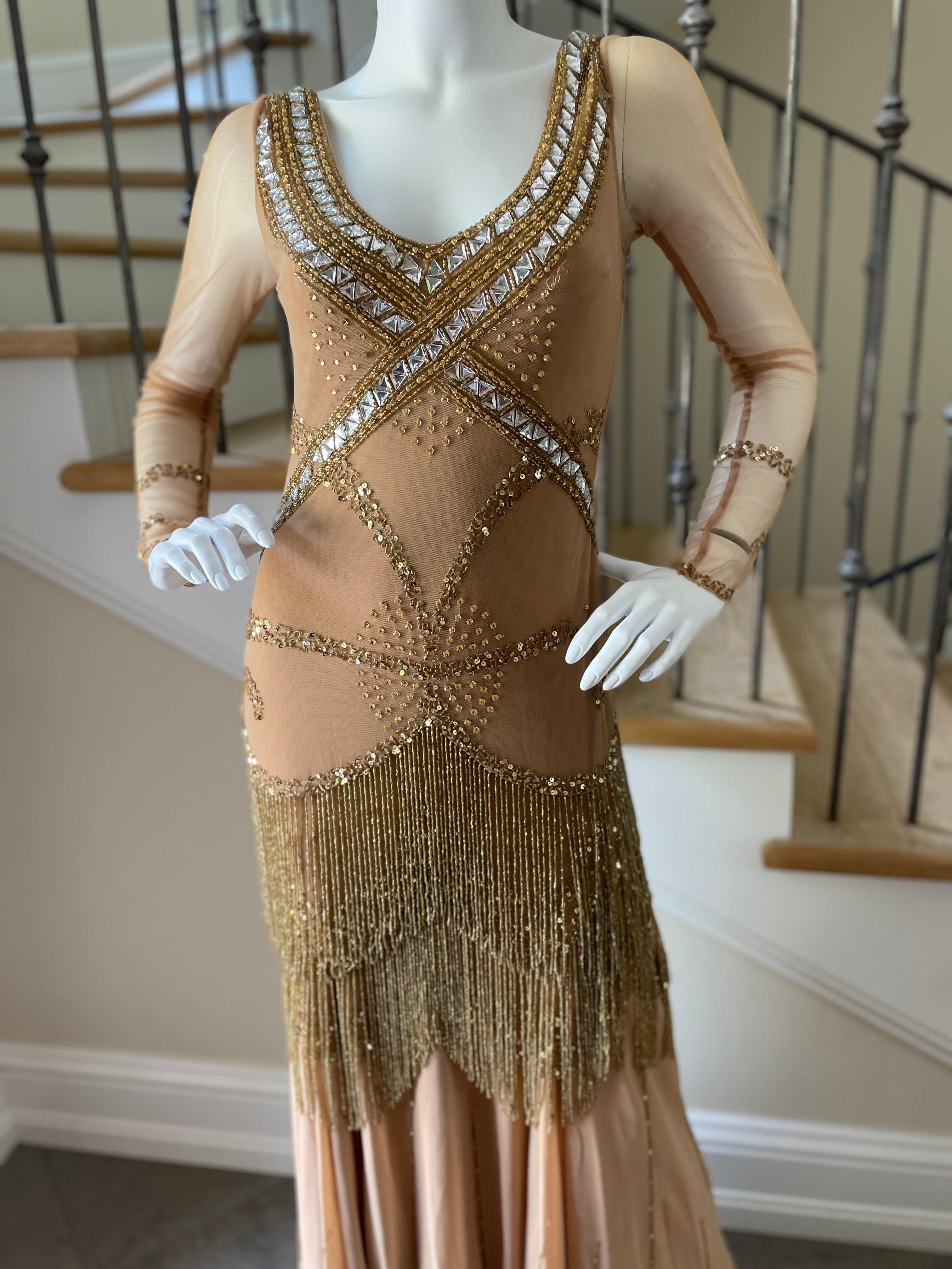 Brown Class Cavalli Extravagantly Jeweled Vintage Evening Dress with Beaded Fringe For Sale