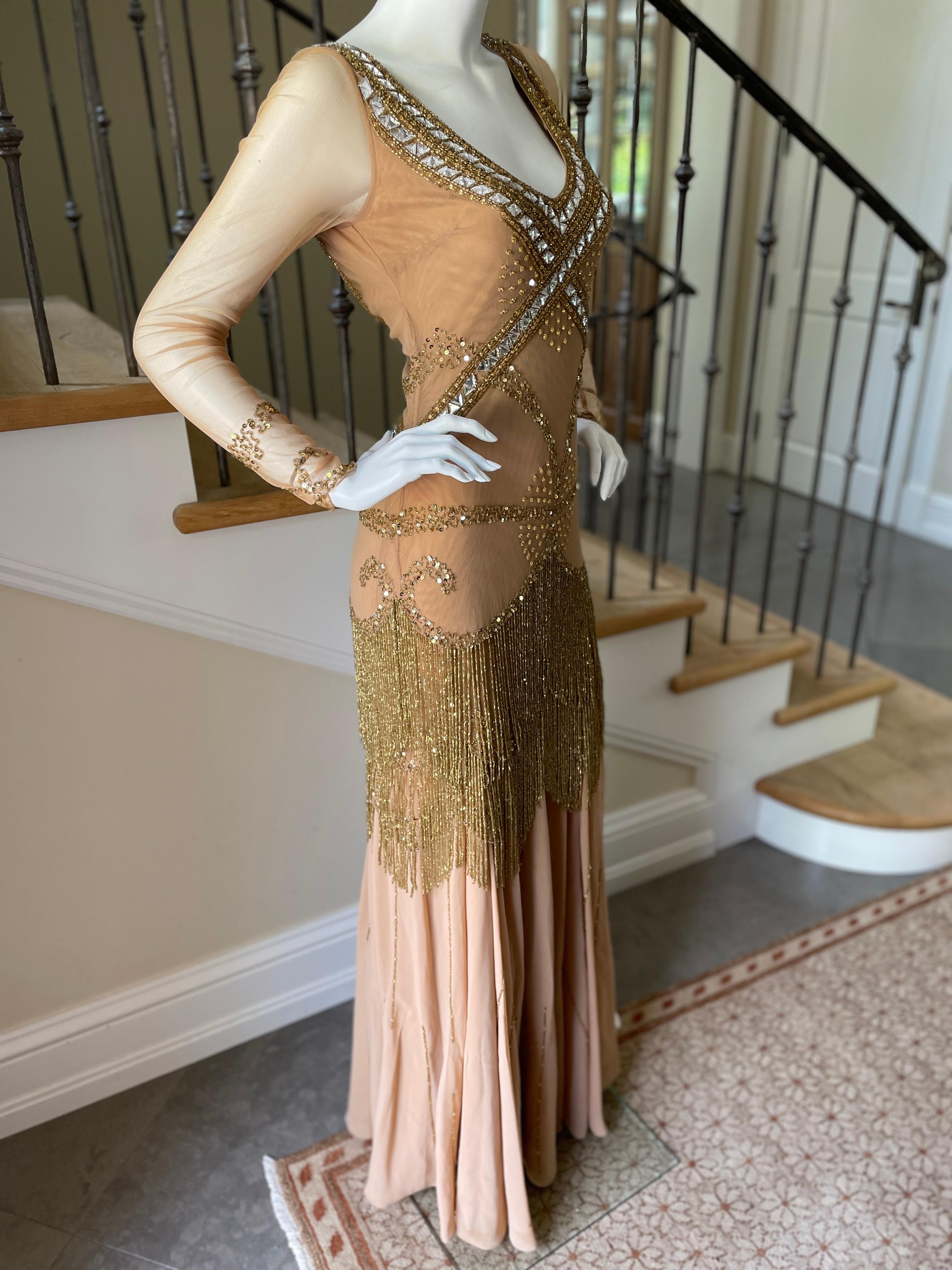 Class Cavalli Extravagantly Jeweled Vintage Evening Dress with Beaded Fringe In Good Condition For Sale In Cloverdale, CA