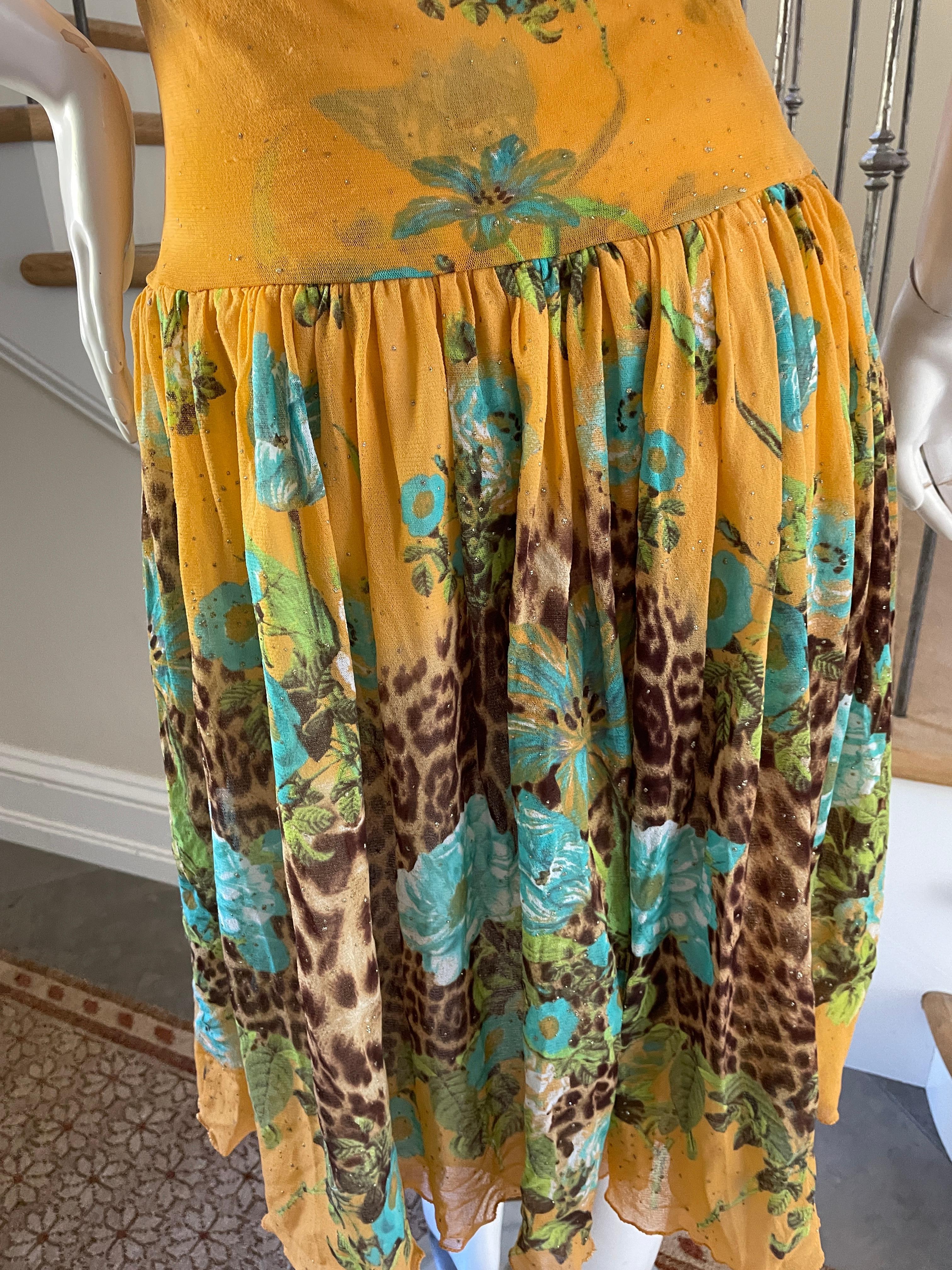 Class Cavalli Plunging Vintage Yellow Leopard Floral Print Dress In Excellent Condition For Sale In Cloverdale, CA