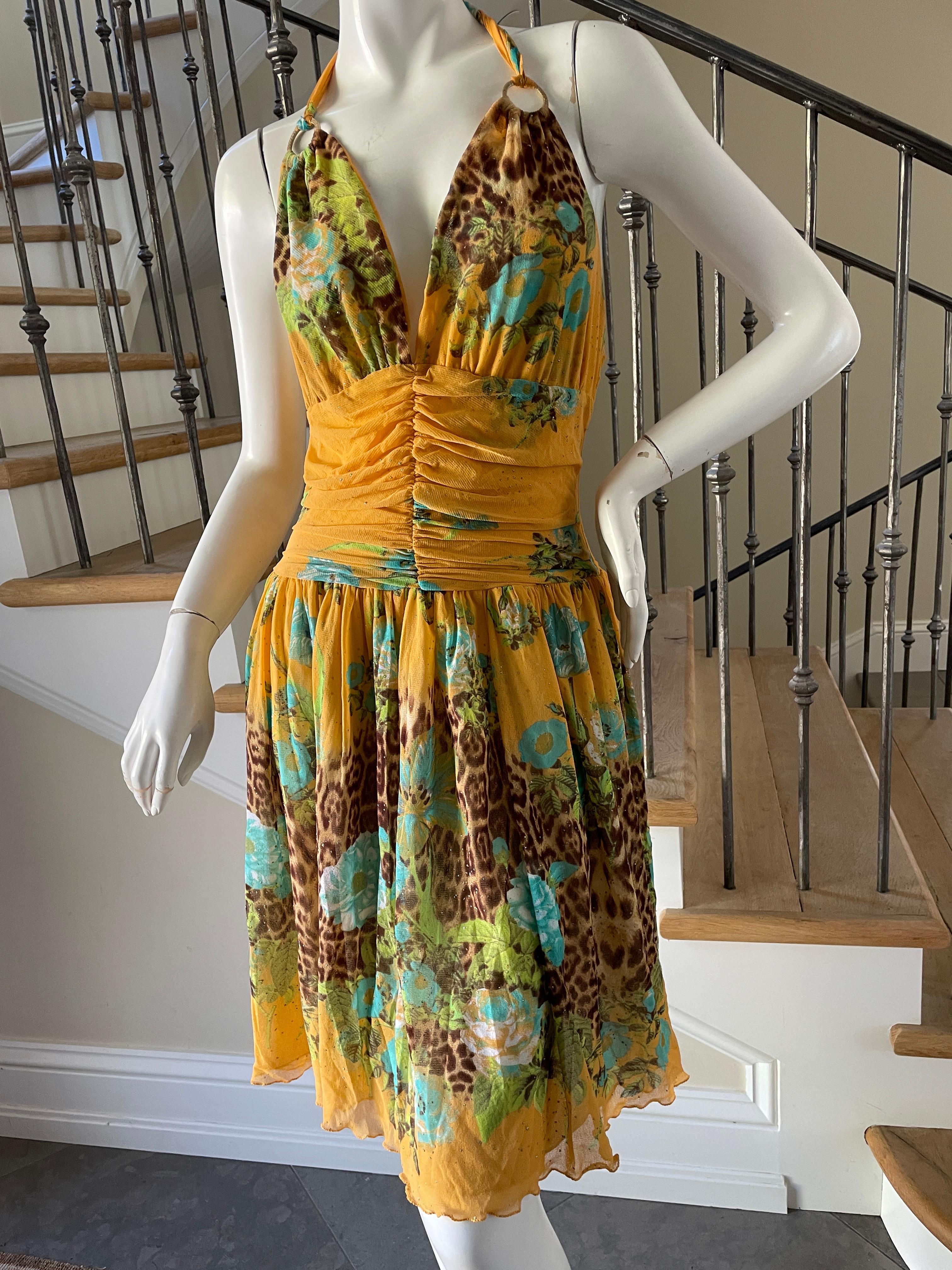 Women's Class Cavalli Plunging Vintage Yellow Leopard Floral Print Dress For Sale