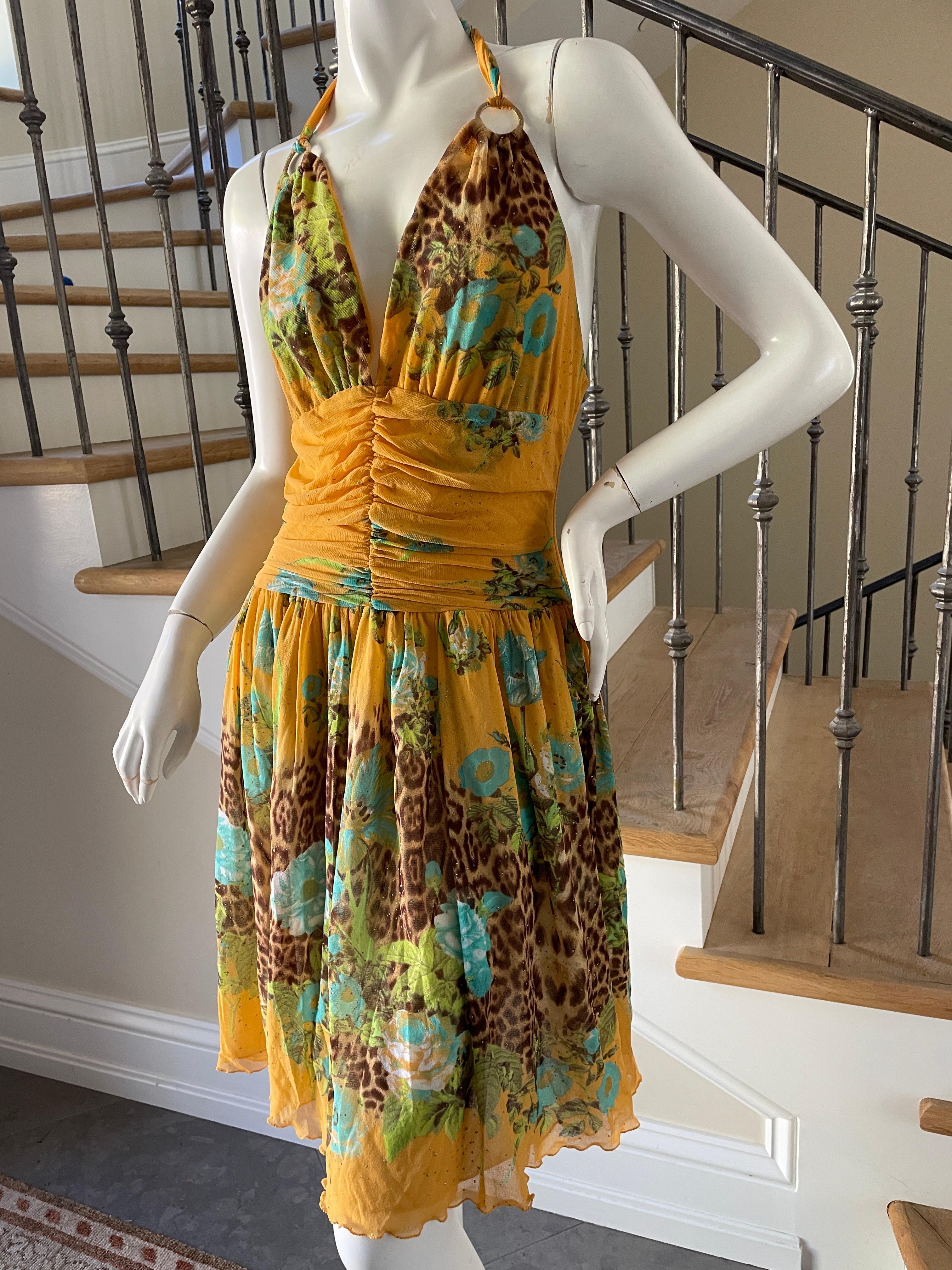 Class Cavalli Plunging Vintage Yellow Leopard Floral Print Dress For Sale 1
