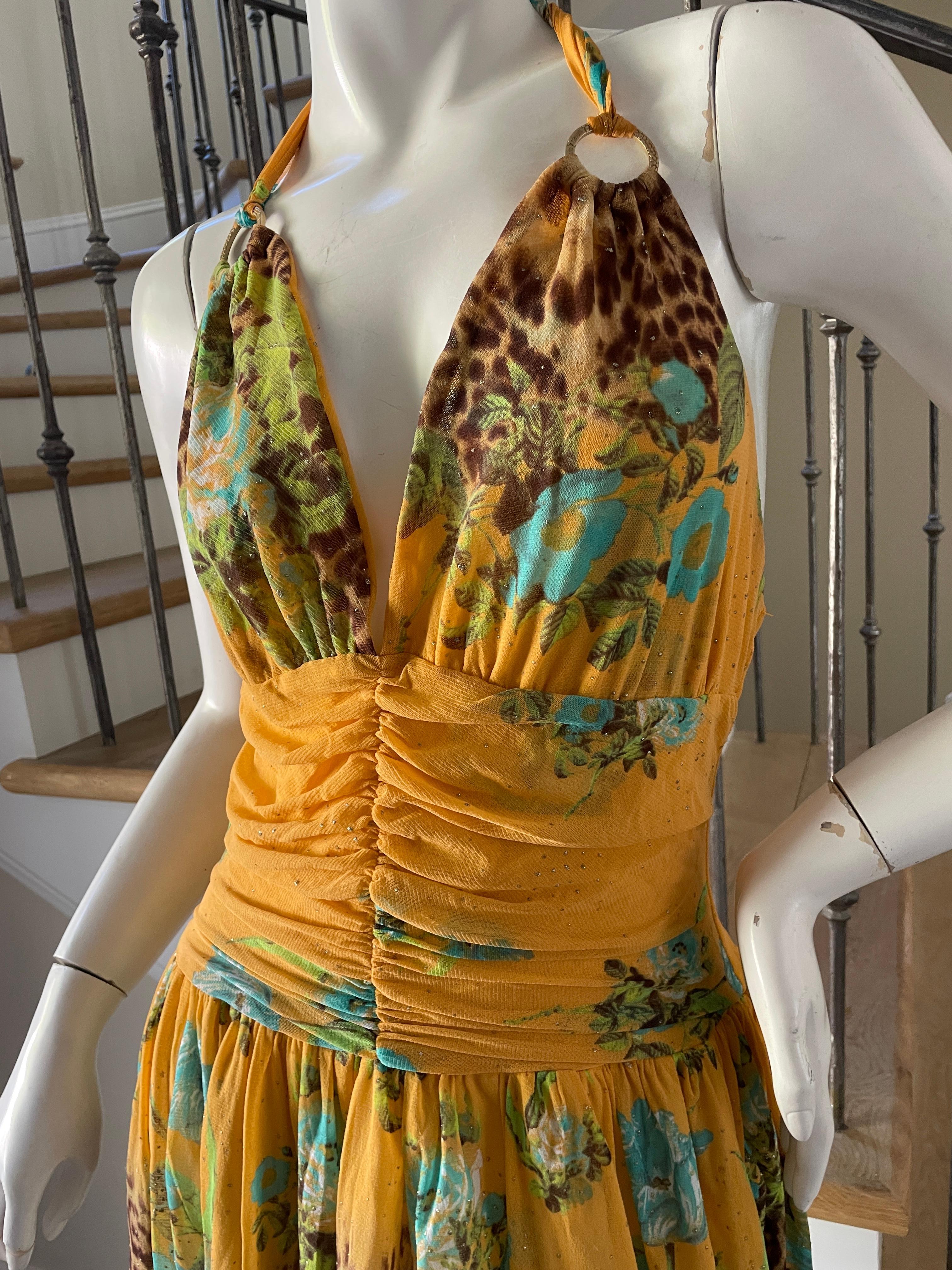 Class Cavalli Plunging Vintage Yellow Leopard Floral Print Dress For Sale 2