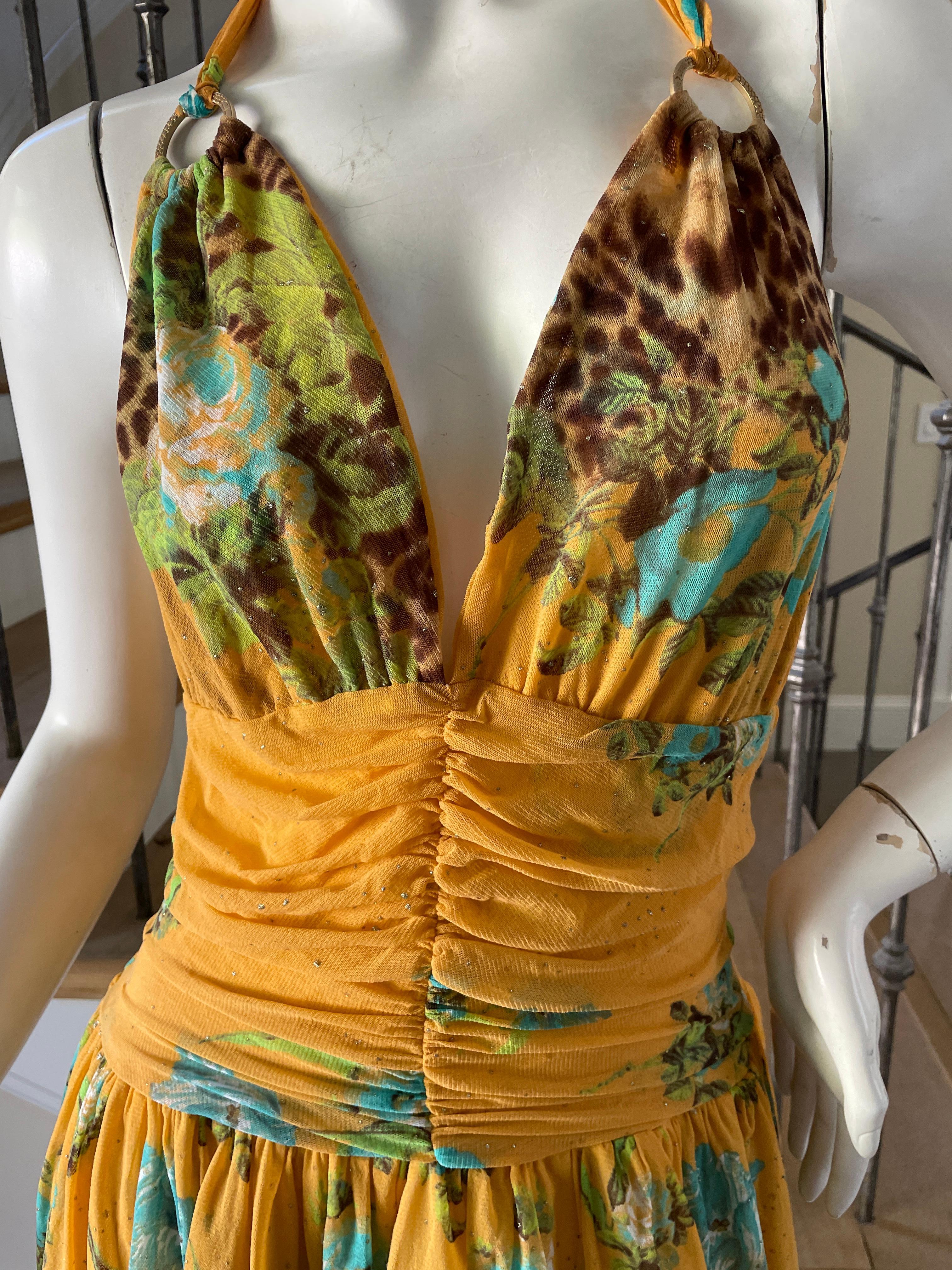 Class Cavalli Plunging Vintage Yellow Leopard Floral Print Dress For Sale 3