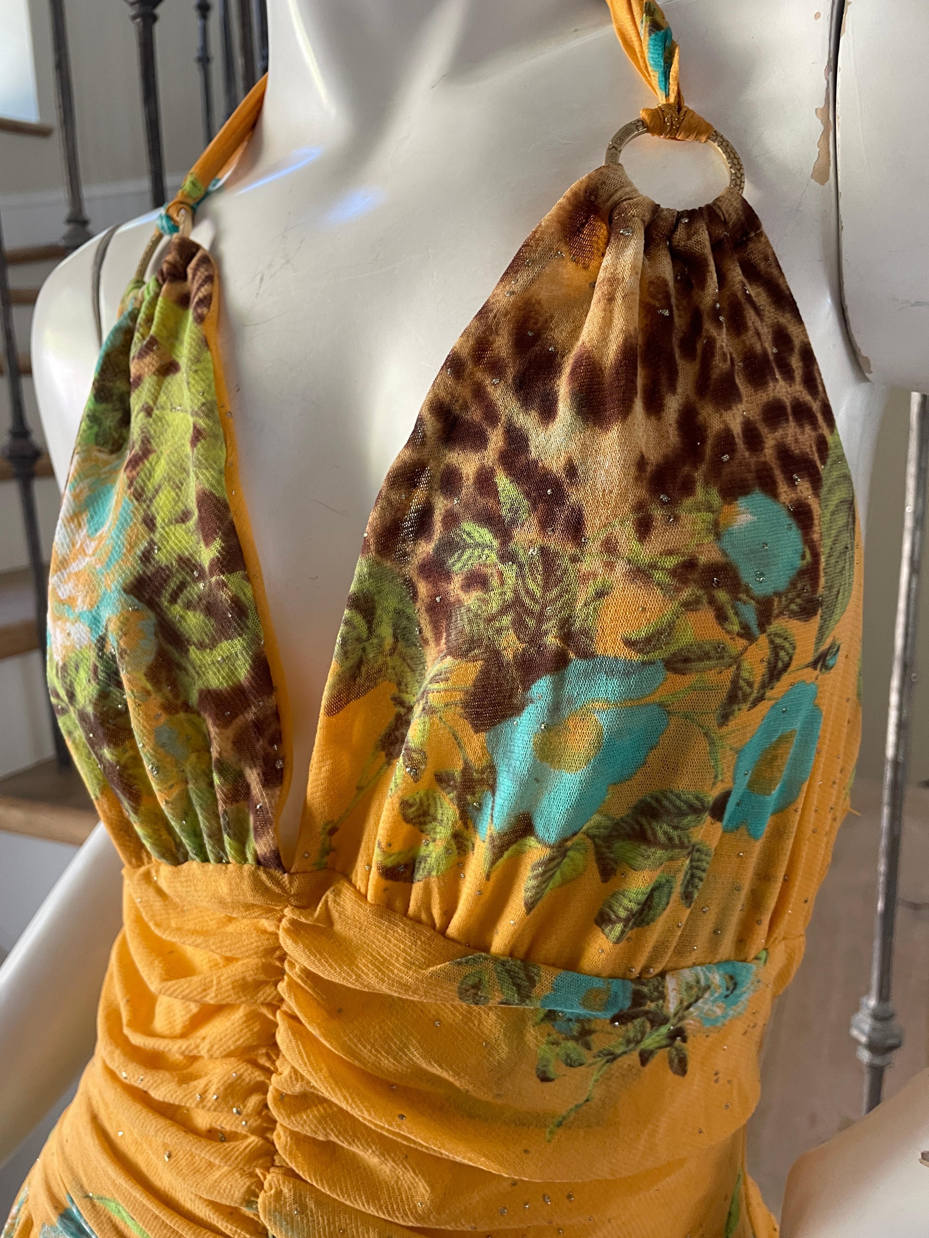 Class Cavalli Plunging Vintage Yellow Leopard Floral Print Dress For Sale 4