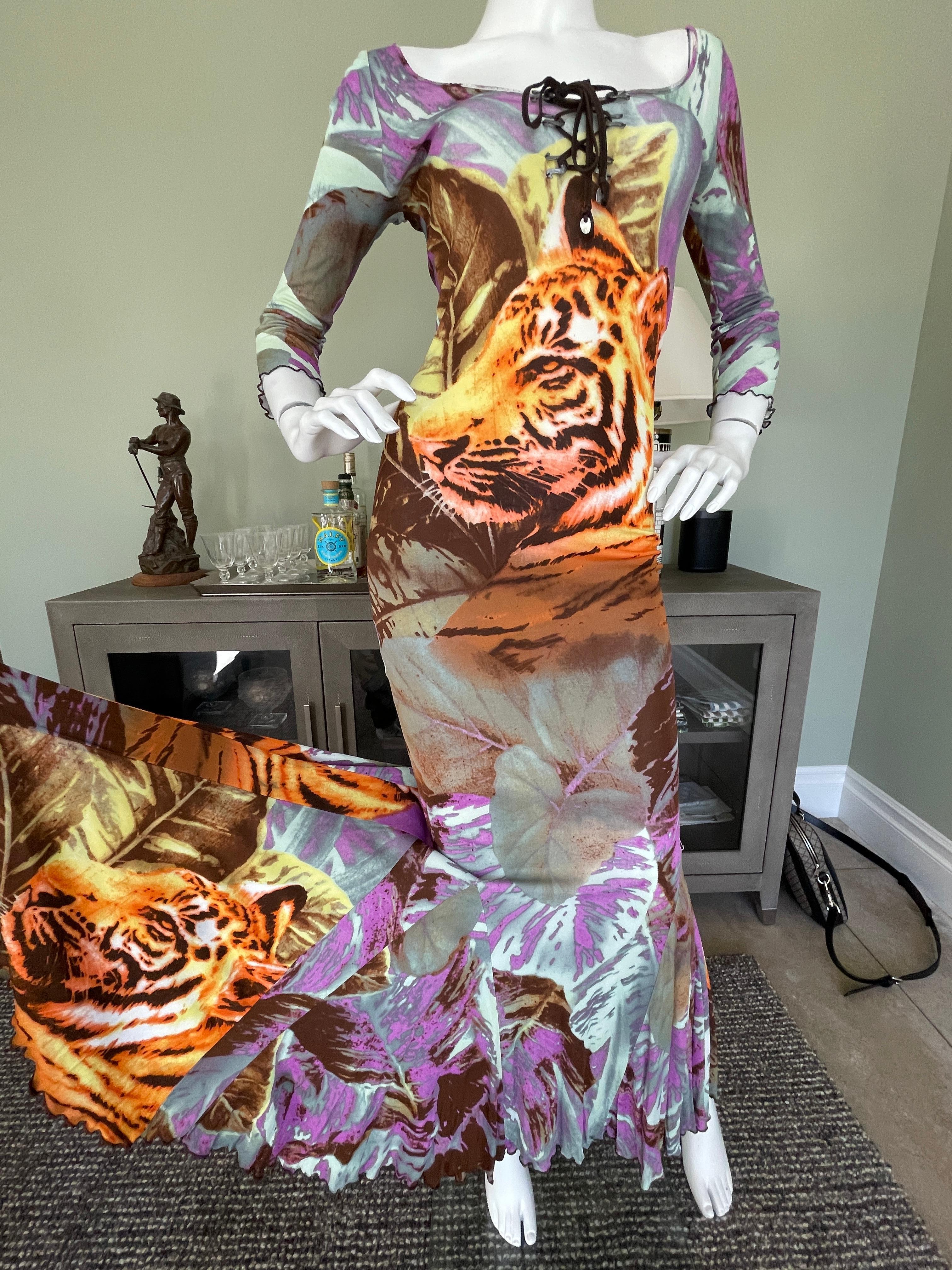 Class Cavalli Vintage 90's Tiger Head Print Evening Dress w Corset Lace Details In Good Condition For Sale In Cloverdale, CA