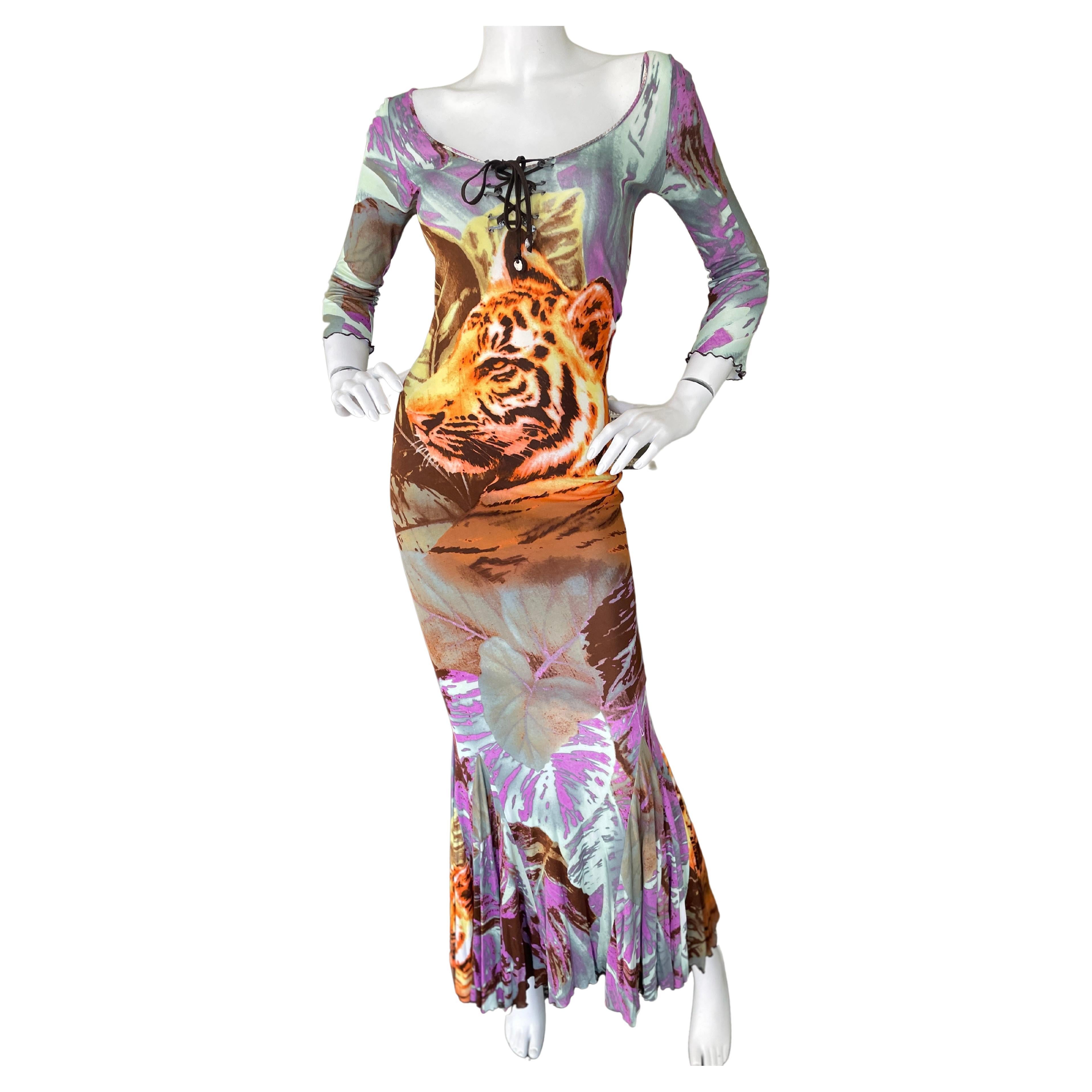 Class Cavalli Vintage 90's Tiger Head Print Evening Dress w Corset Lace Details For Sale