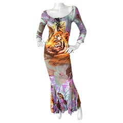 Class Cavalli Vintage 90's Tiger Head Print Evening Dress w Corset Lace Details