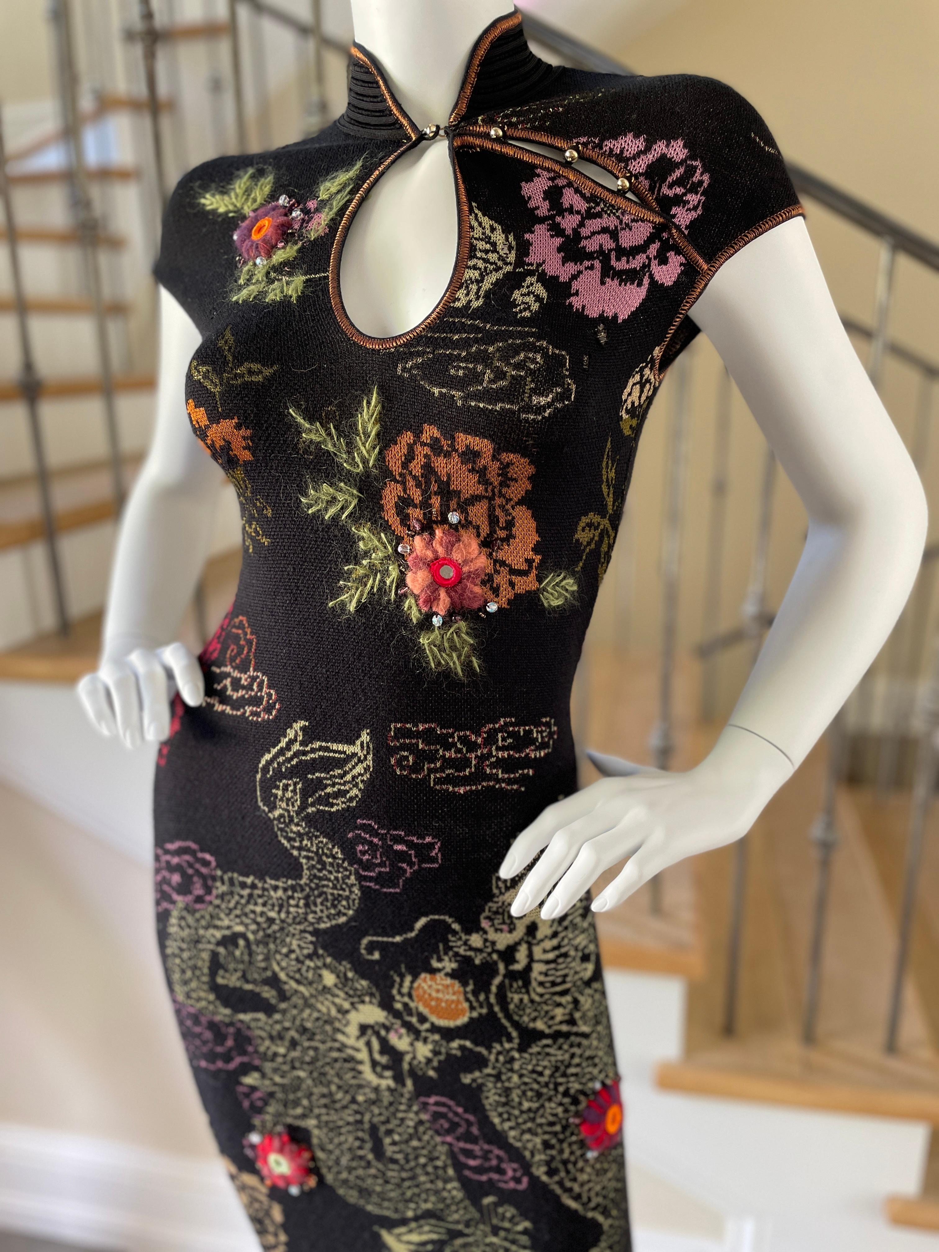Black Class Cavalli Vintage Embroidered Knit Dragon Print Cheongsam Dress For Sale