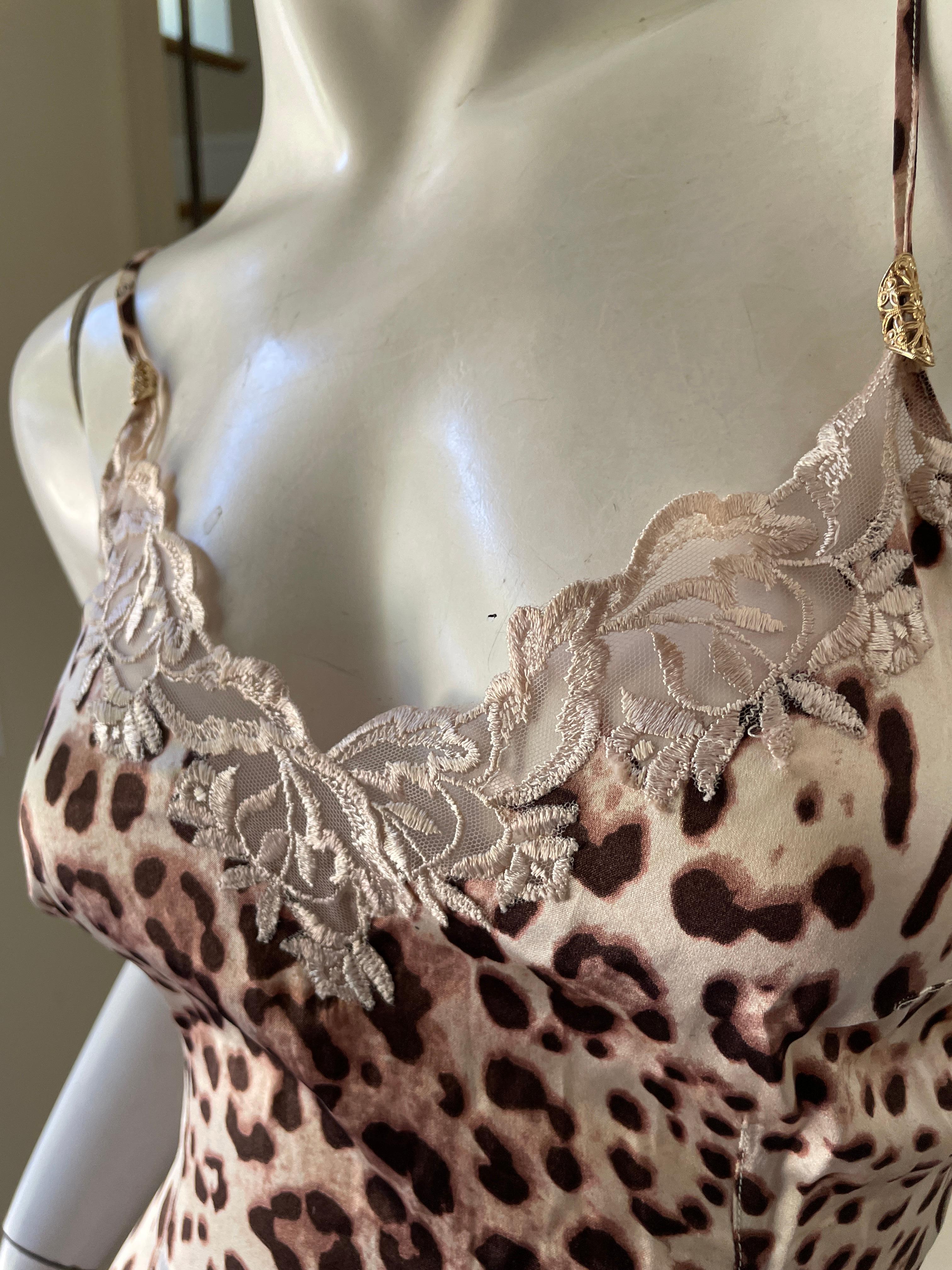 Brown Class Cavalli Vintage Lace Trimmed Leopard Print Slip Dress  For Sale