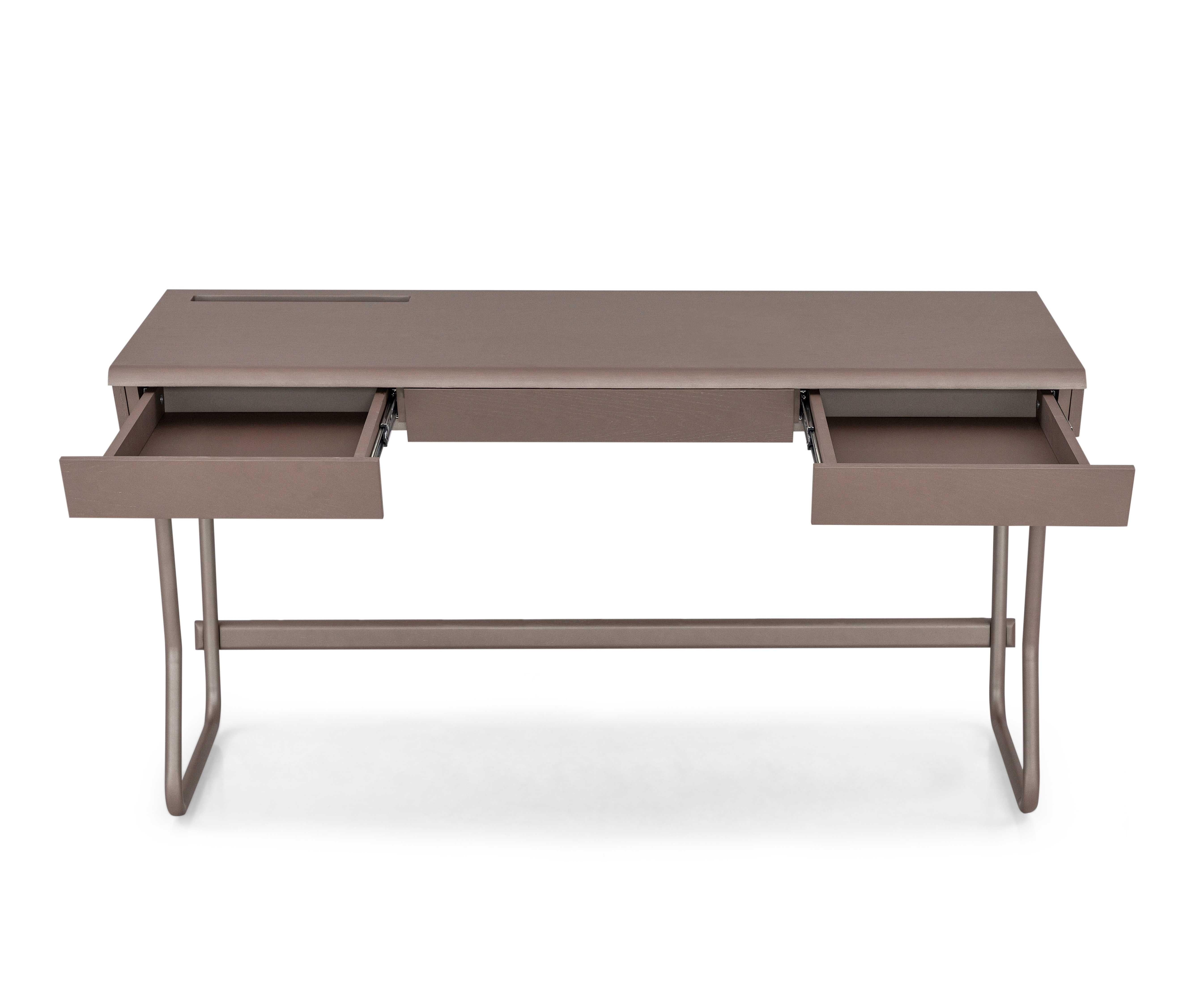 A Class desk designed by Uultis Studio in Chocolate oak with chocolate metallic base. The Class desk is a refined marriage of functionality and elegance, featuring a chocolate oak veneer top paired with a sleek chocolate metallic base. Designed for