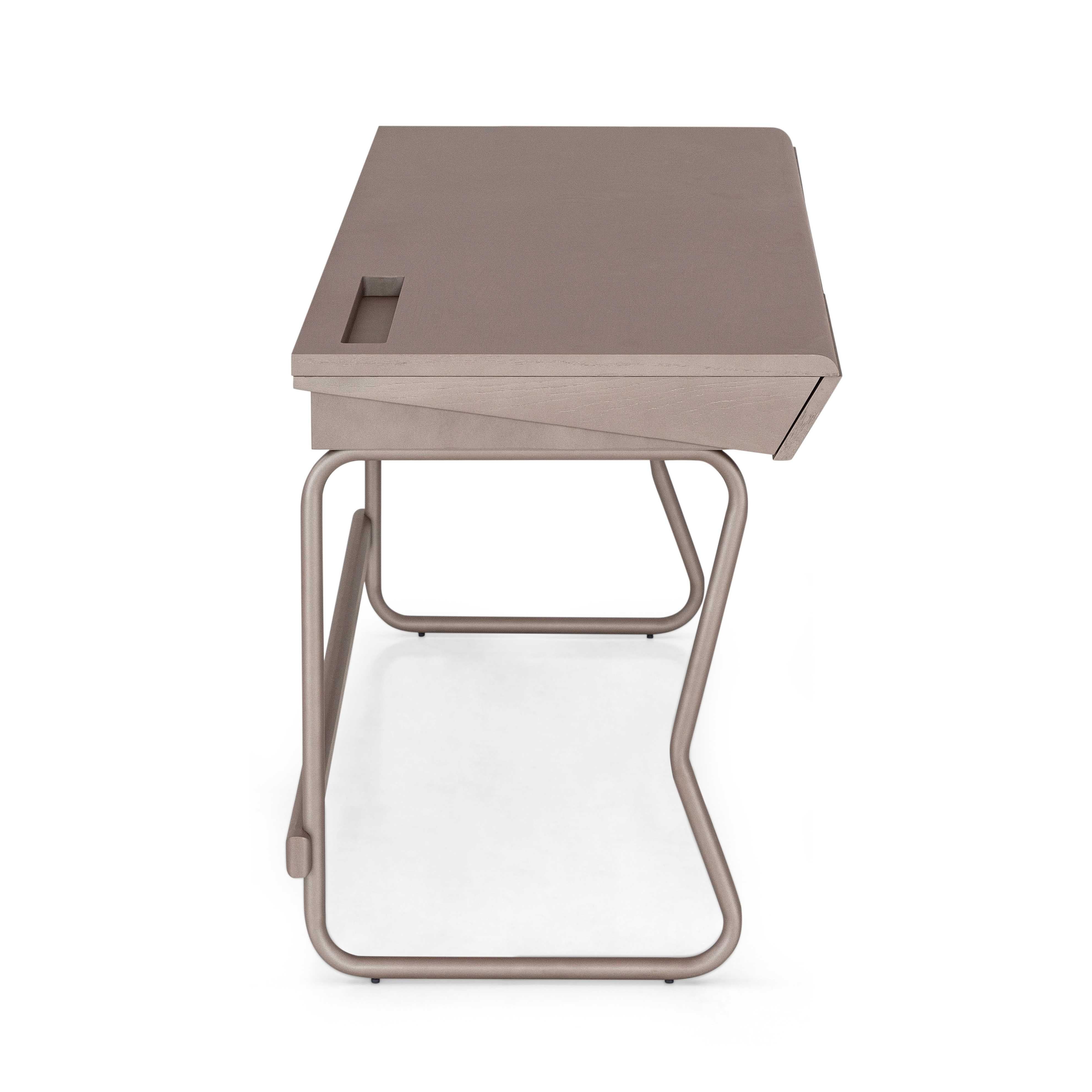 Lacquered Customizable Chocolate Oak Desk with Two Storage Drawers, Class Collection For Sale