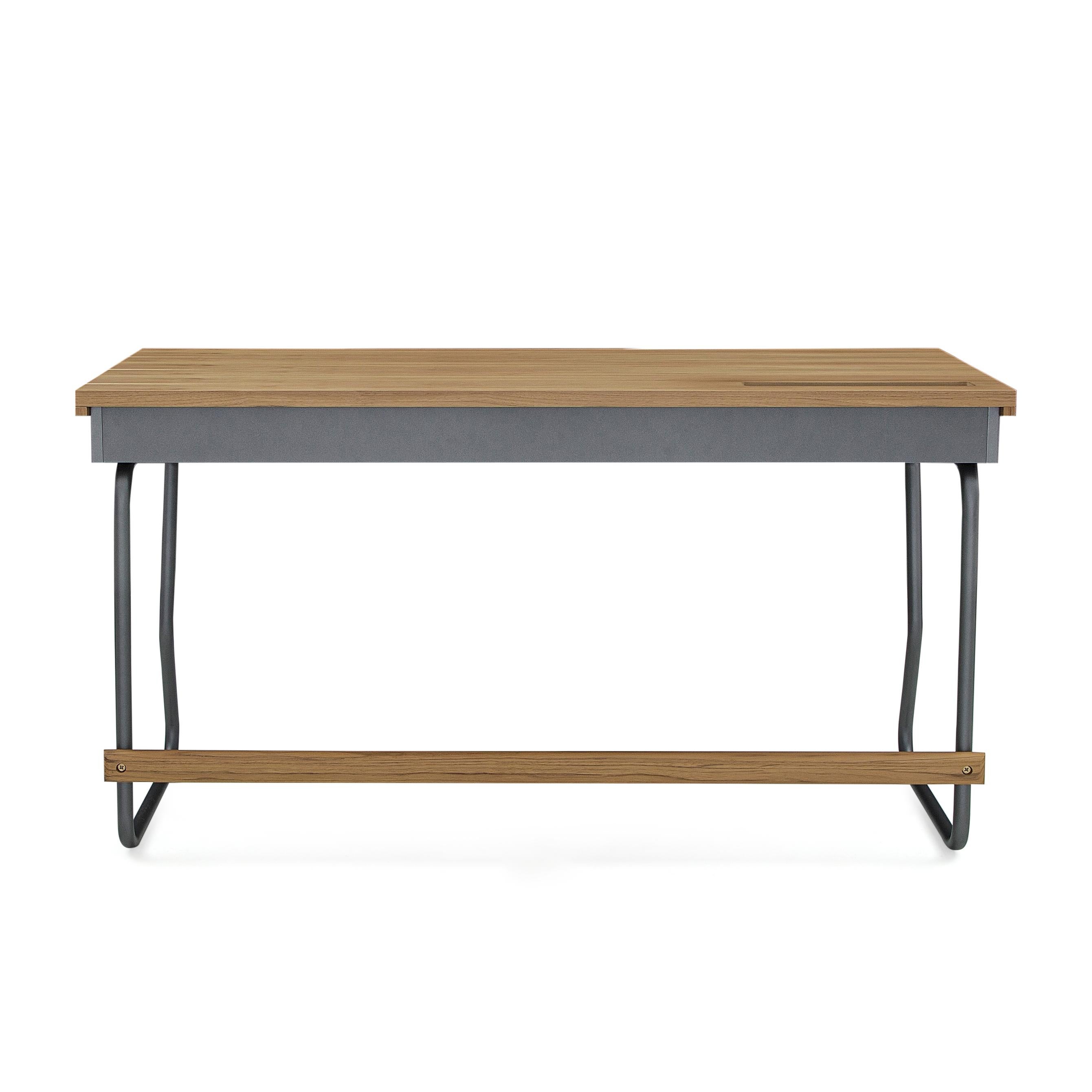 Contemporary Teak Wood Desk with 55-Inch Top and Graphite Metal Base - Class Collection For Sale