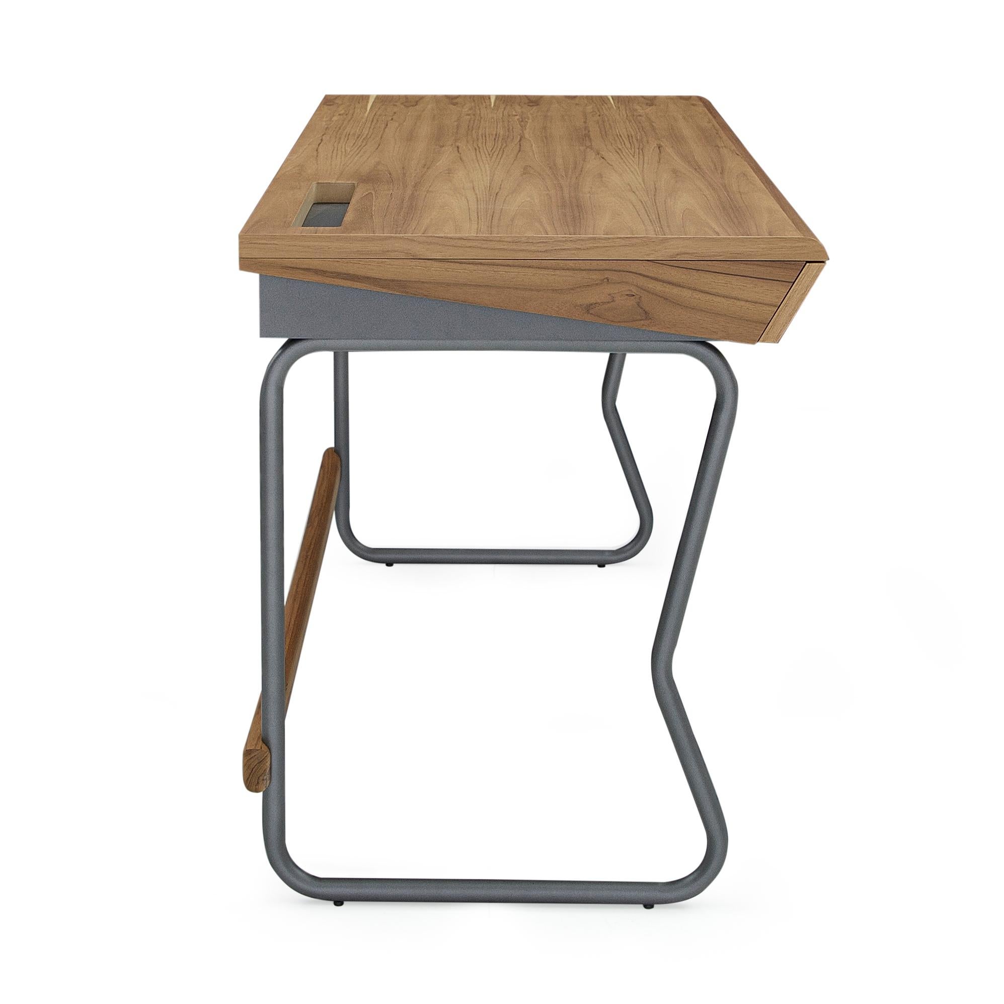 Class Desk with a Teak Wood Finish Top and Graphite Finished Metal Base 55'' For Sale 3