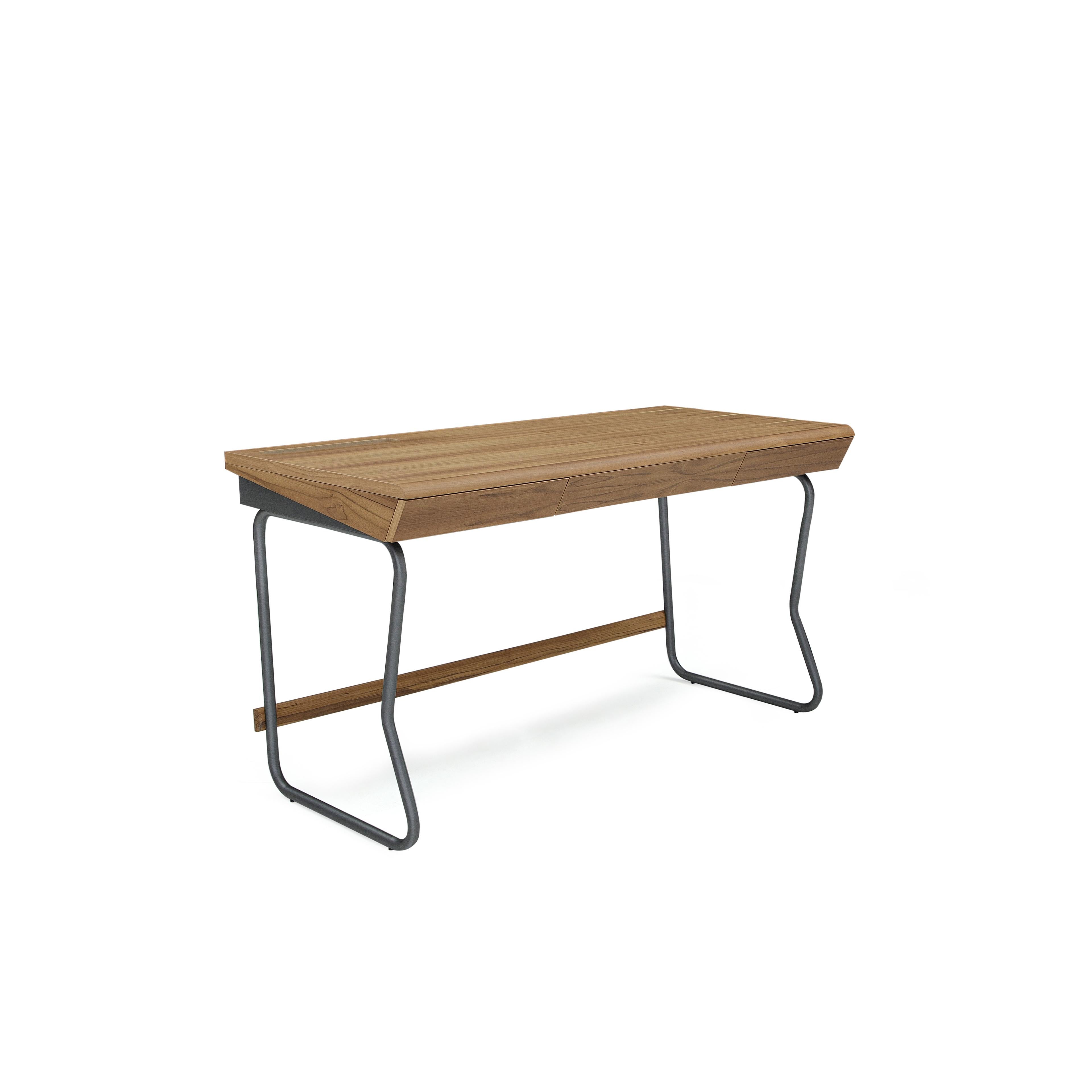 Class Desk with a Teak Wood Finish Top and Graphite Finished Metal Base 55'' For Sale 4