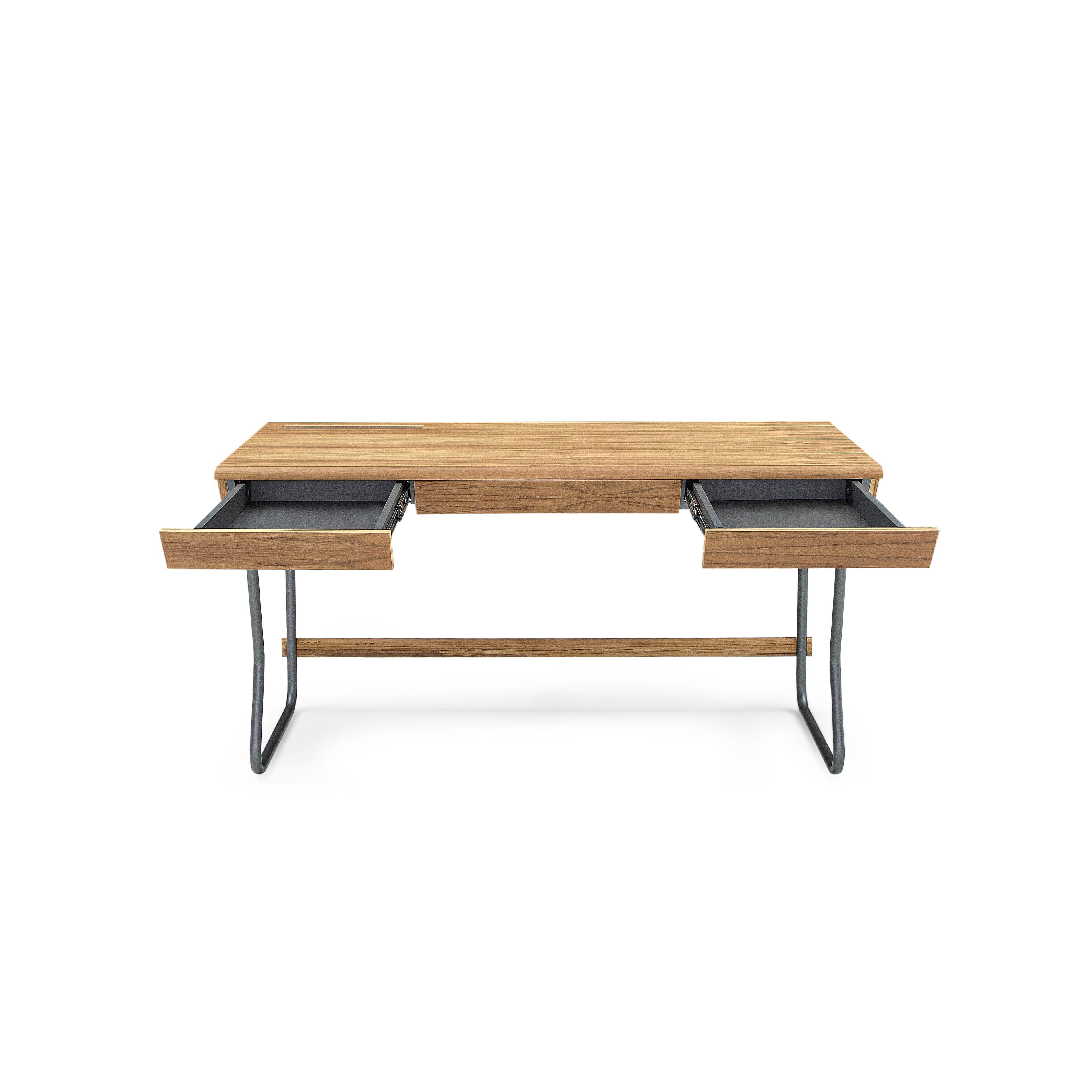 Brazilian Class Desk with a Teak Wood Finish Top and Graphite Finished Metal Base 55'' For Sale