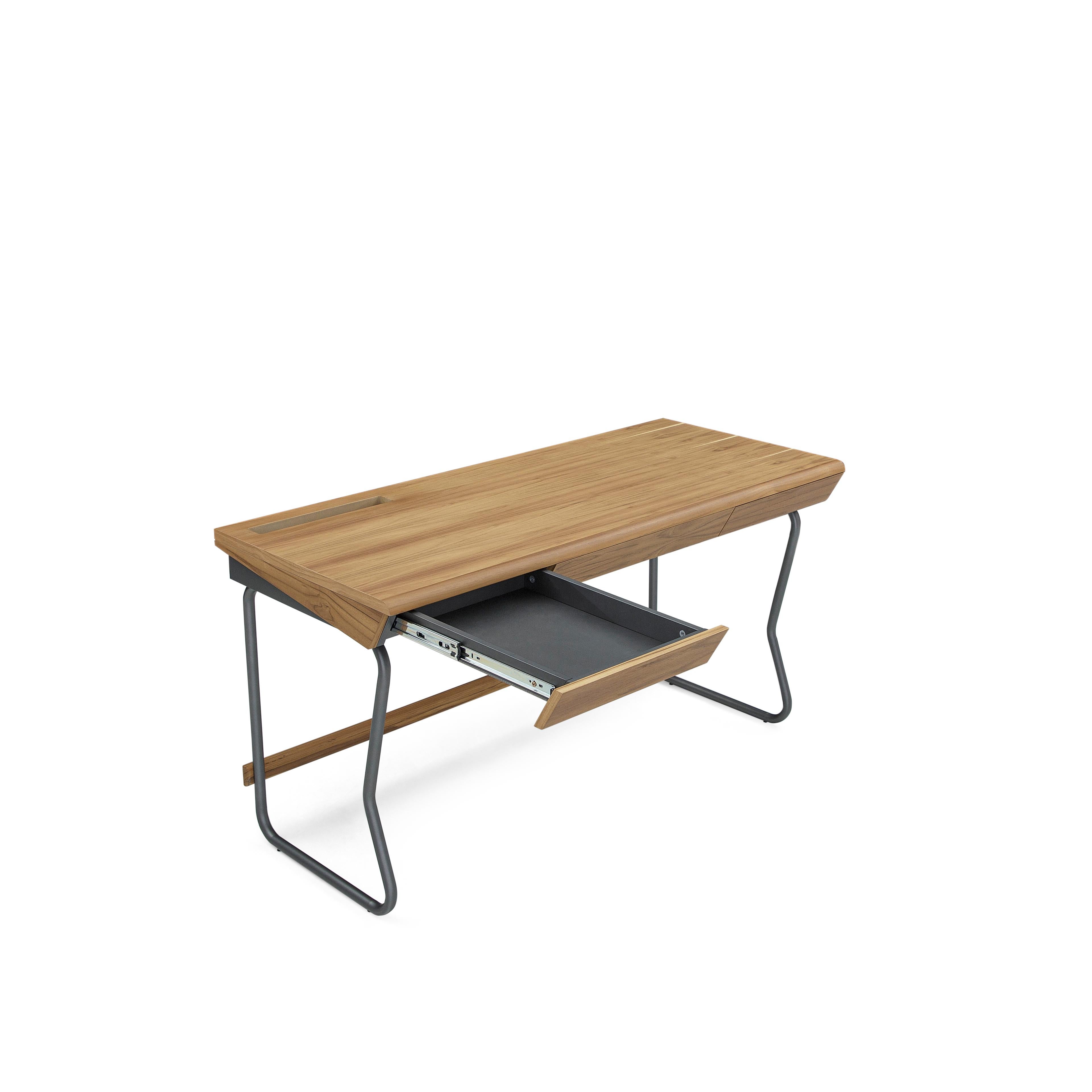 Class Desk with a Teak Wood Finish Top and Graphite Finished Metal Base 55'' In New Condition For Sale In Miami, FL