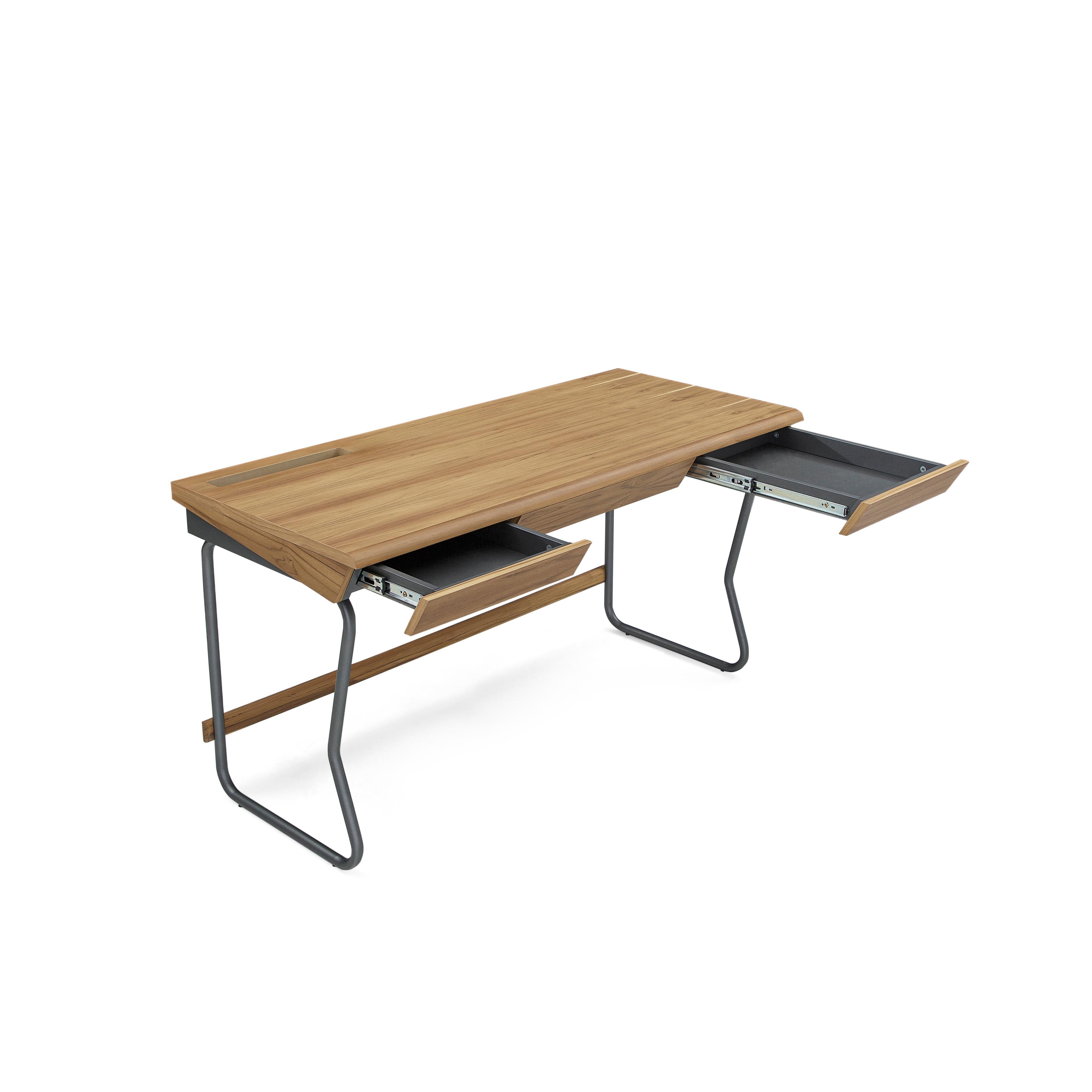 Class Desk with a Teak Wood Finish Top and Graphite Finished Metal Base 55'' For Sale 1