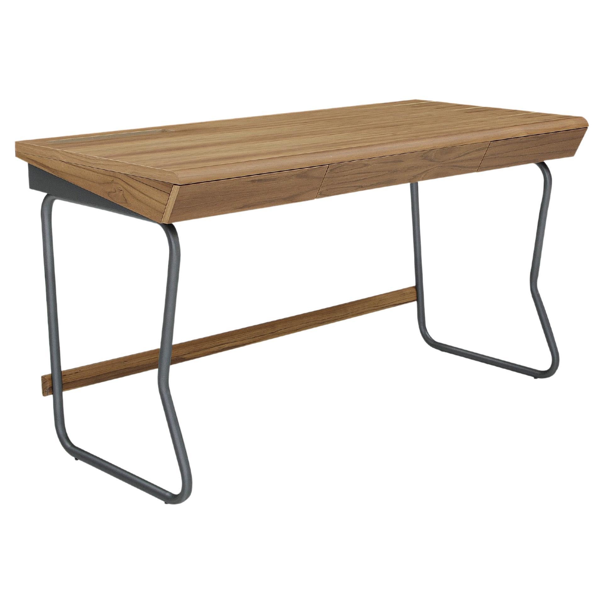 Class Desk with a Teak Wood Finish Top and Graphite Finished Metal Base 55'' For Sale