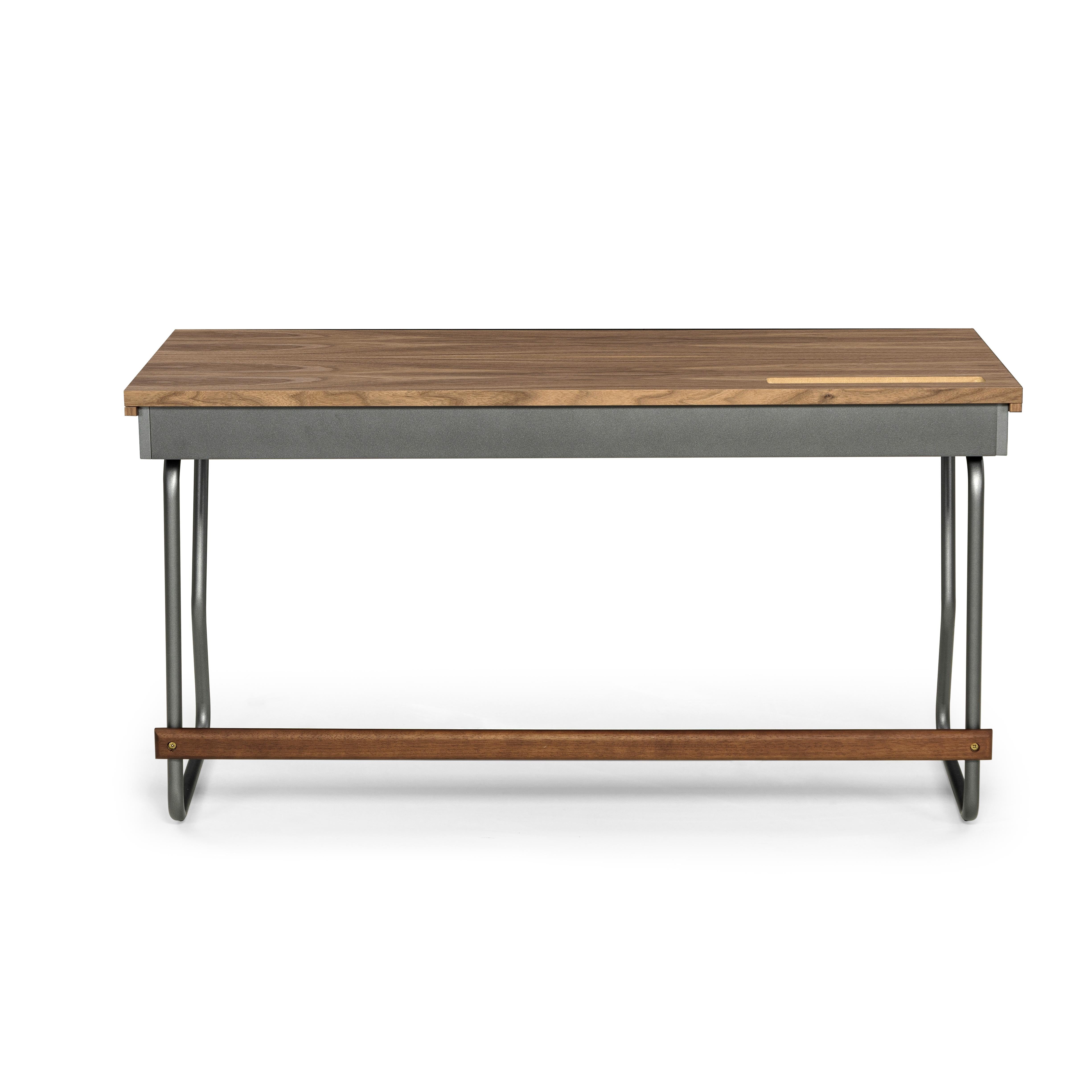 Contemporary Class Desk with a Walnut Wood Top and Graphite Finished Metal Base 55'' For Sale