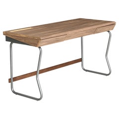 Walnut Veneer Writing Desk with Drawers and Metal Base – Class Collection