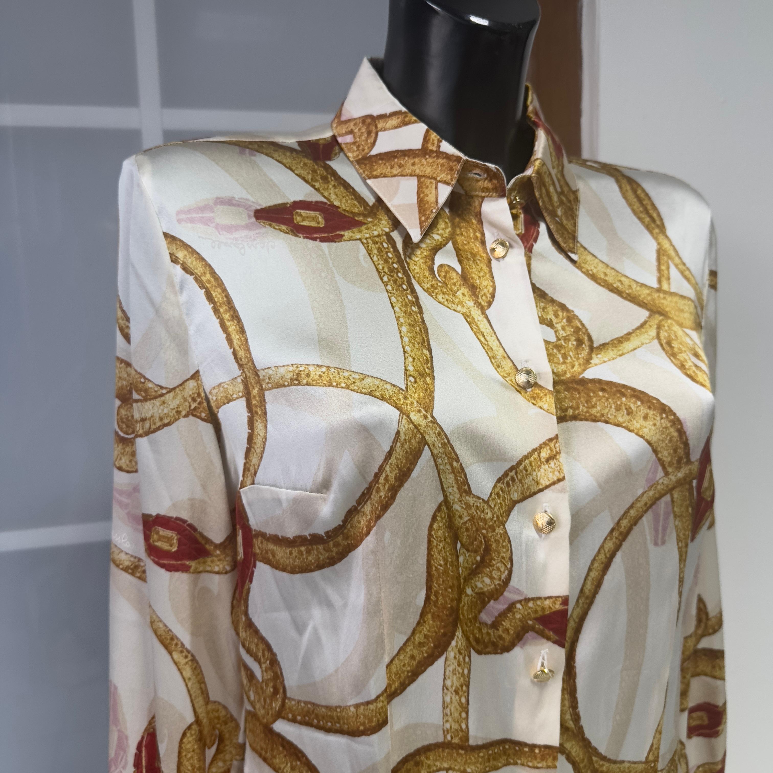 De las mujeres Clase Roberto Cavalli Camisa de seda con estampado rojo y dorado, excelente estado en venta