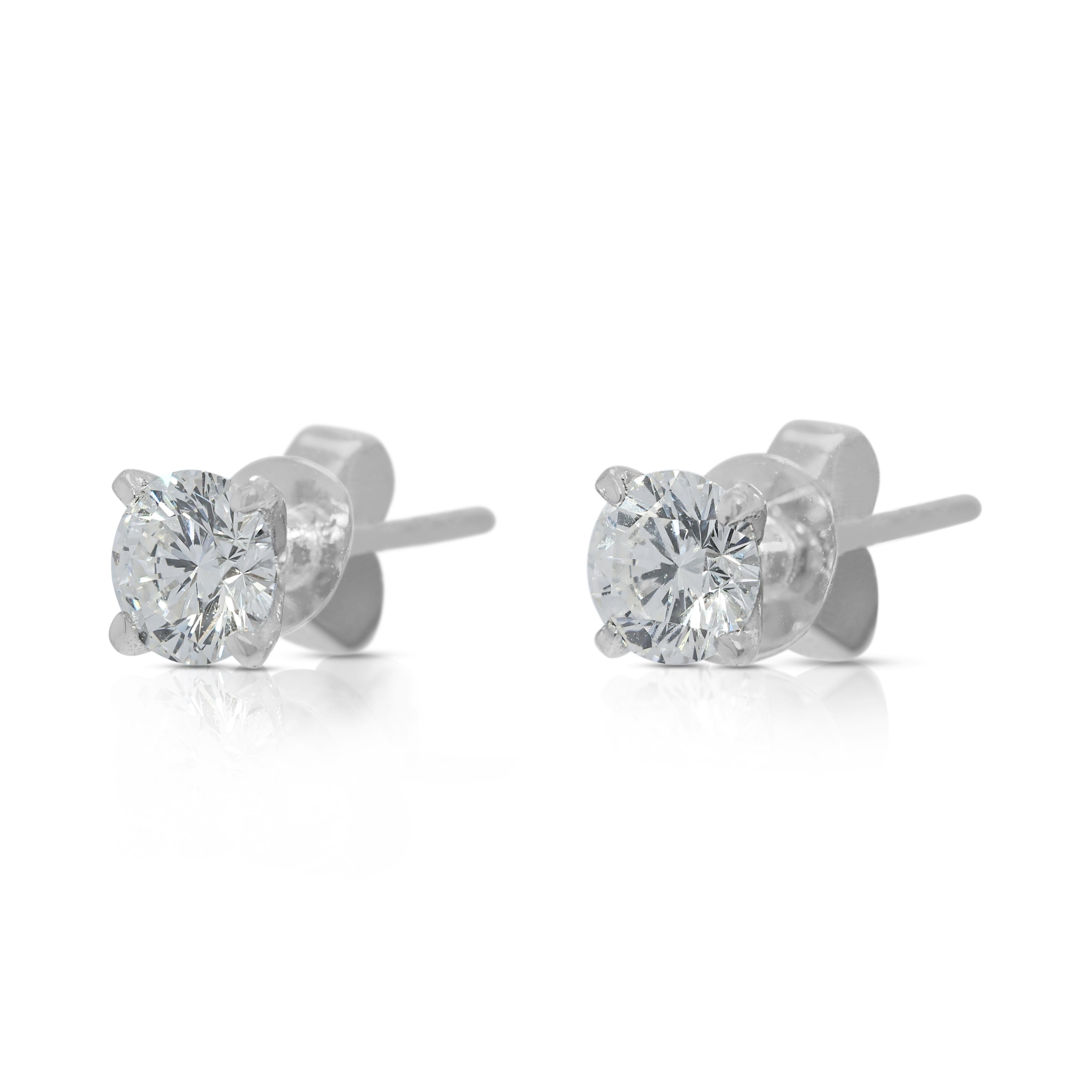 Round Cut Classic 0.54ct Natural Diamond Stud Earrings in 18K White Gold For Sale