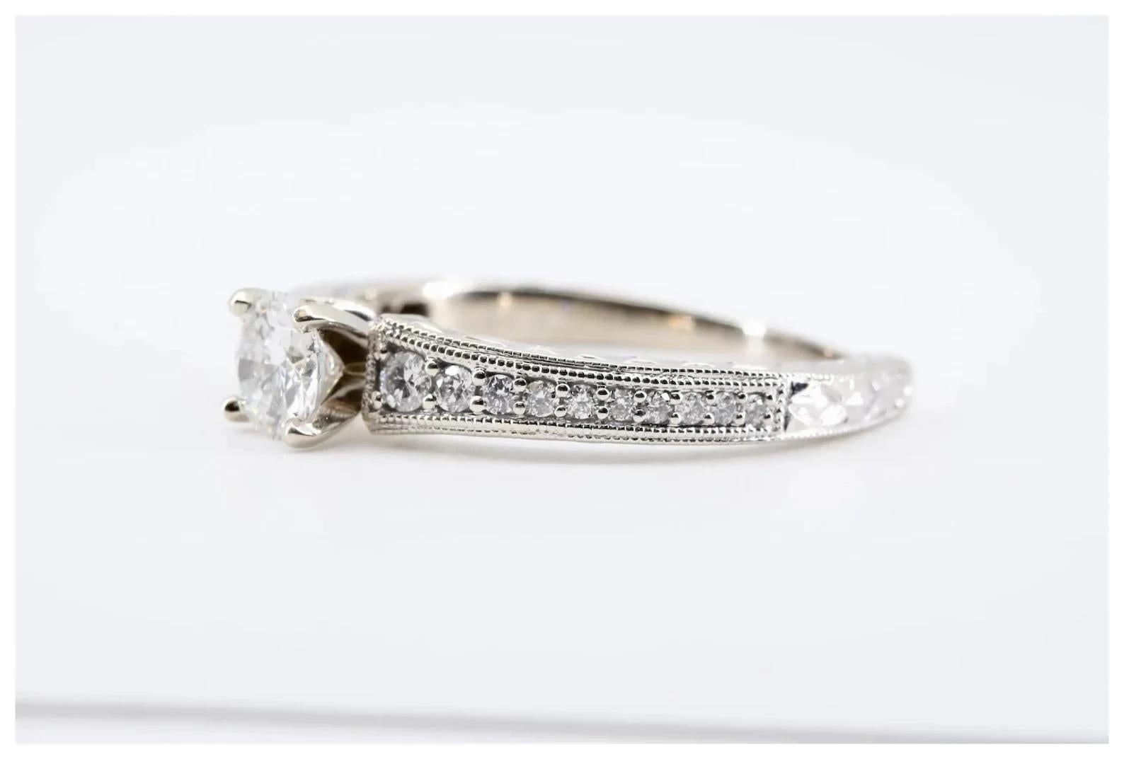 Post-War Classic 0.70ctw Hand Engraved Diamond Engagement Ring in 14K White Gold  For Sale