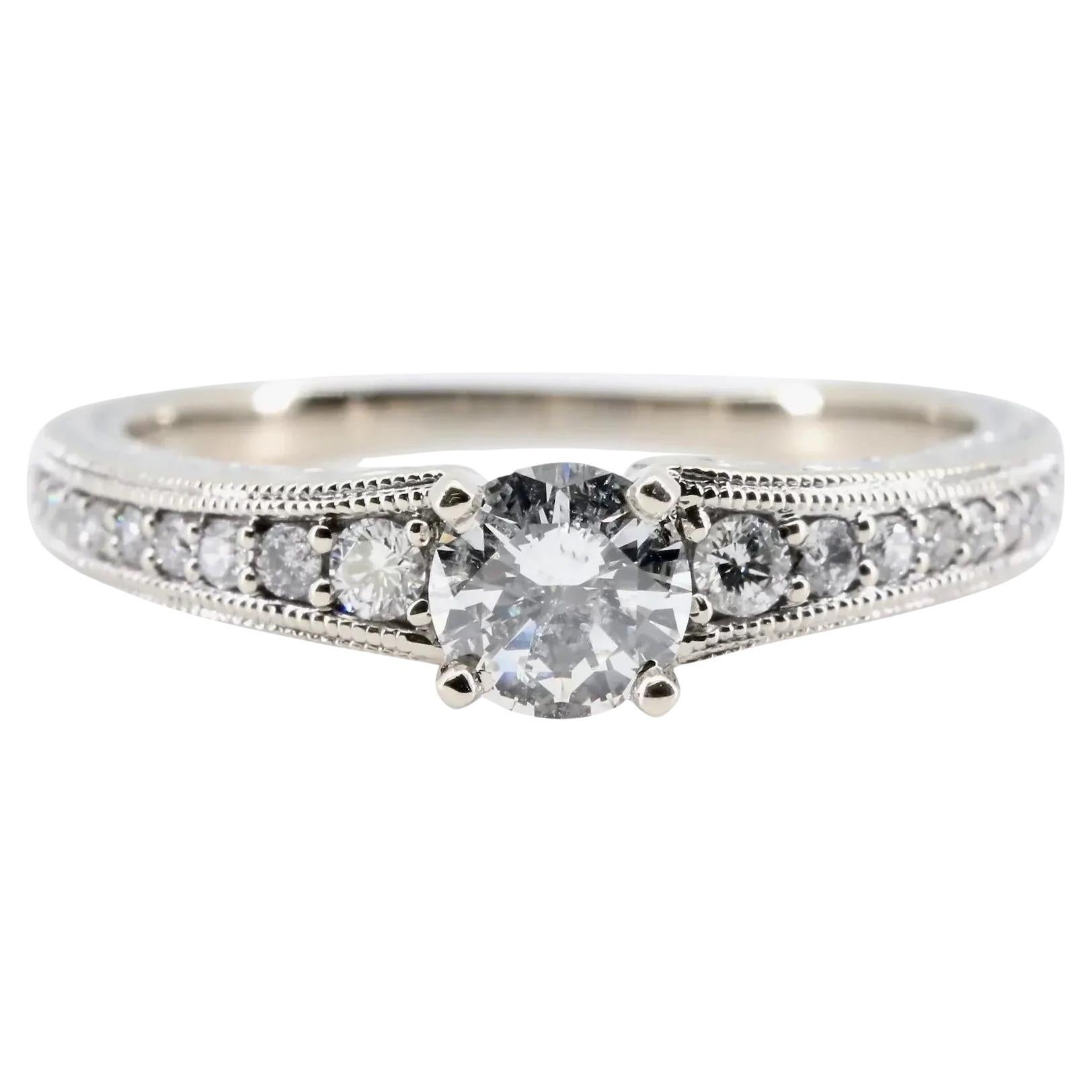 Classic 0.70ctw Hand Engraved Diamond Engagement Ring in 14K White Gold  For Sale