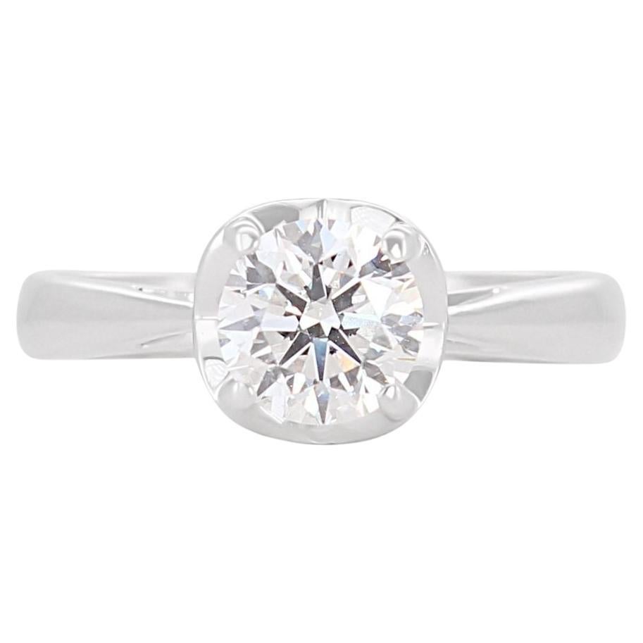 Classic 0.90ct Round Brilliant Natural Diamond Solitaire Ring in 18K White Gold For Sale
