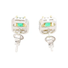 Classic 1 Carat Natural Emerald and Diamond Halo Stud Earrings in 18k White Gold