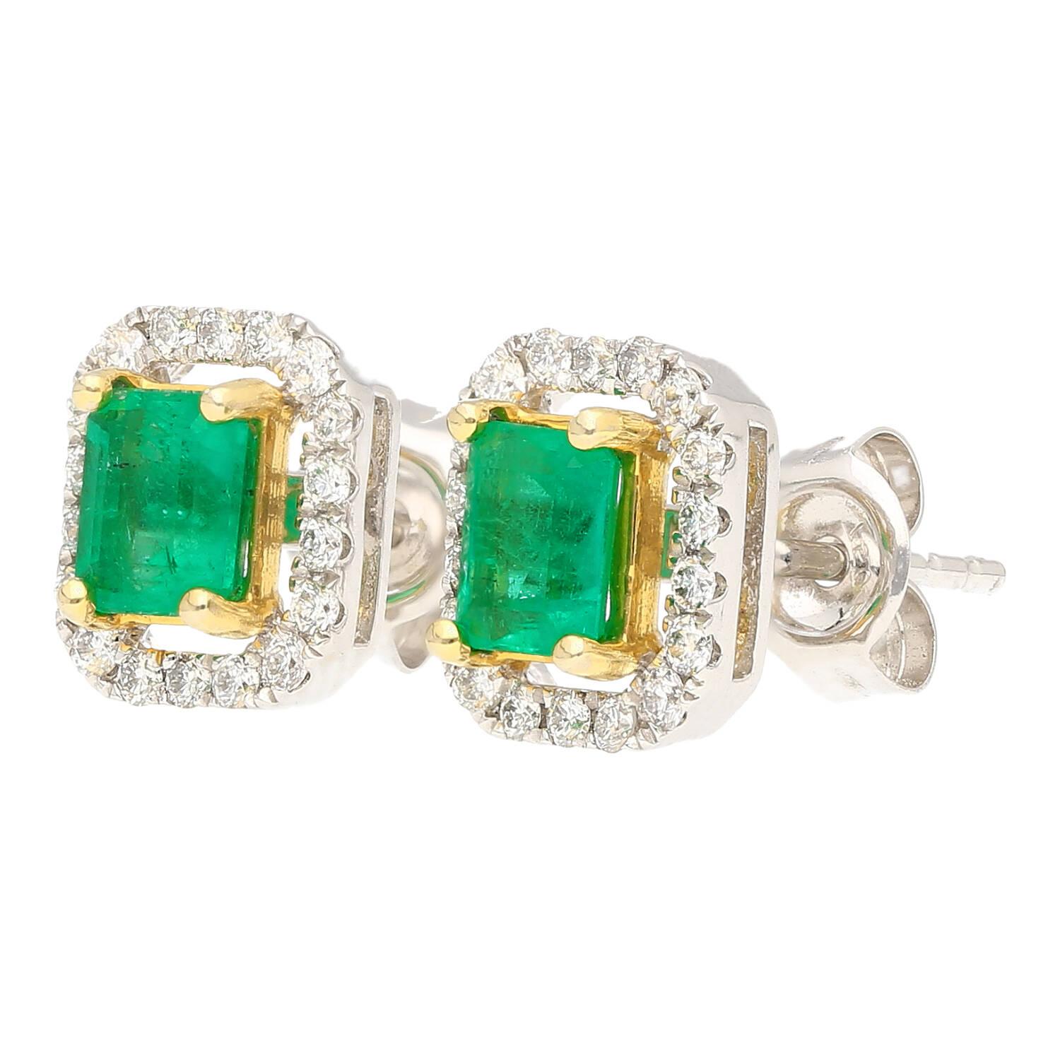 Emerald Cut Classic 1 Carat Natural Emerald and Diamond Halo Stud Earrings in 18k White Gold For Sale