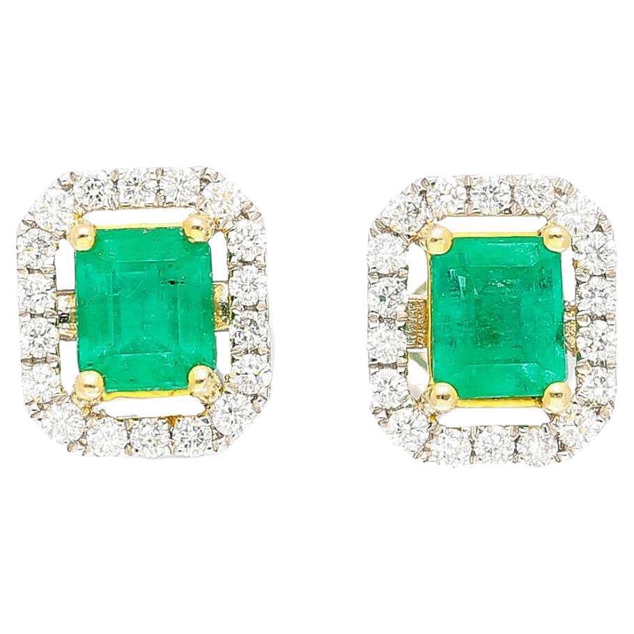 Classic 1 Carat Natural Emerald and Diamond Halo Stud Earrings in 18k White Gold For Sale