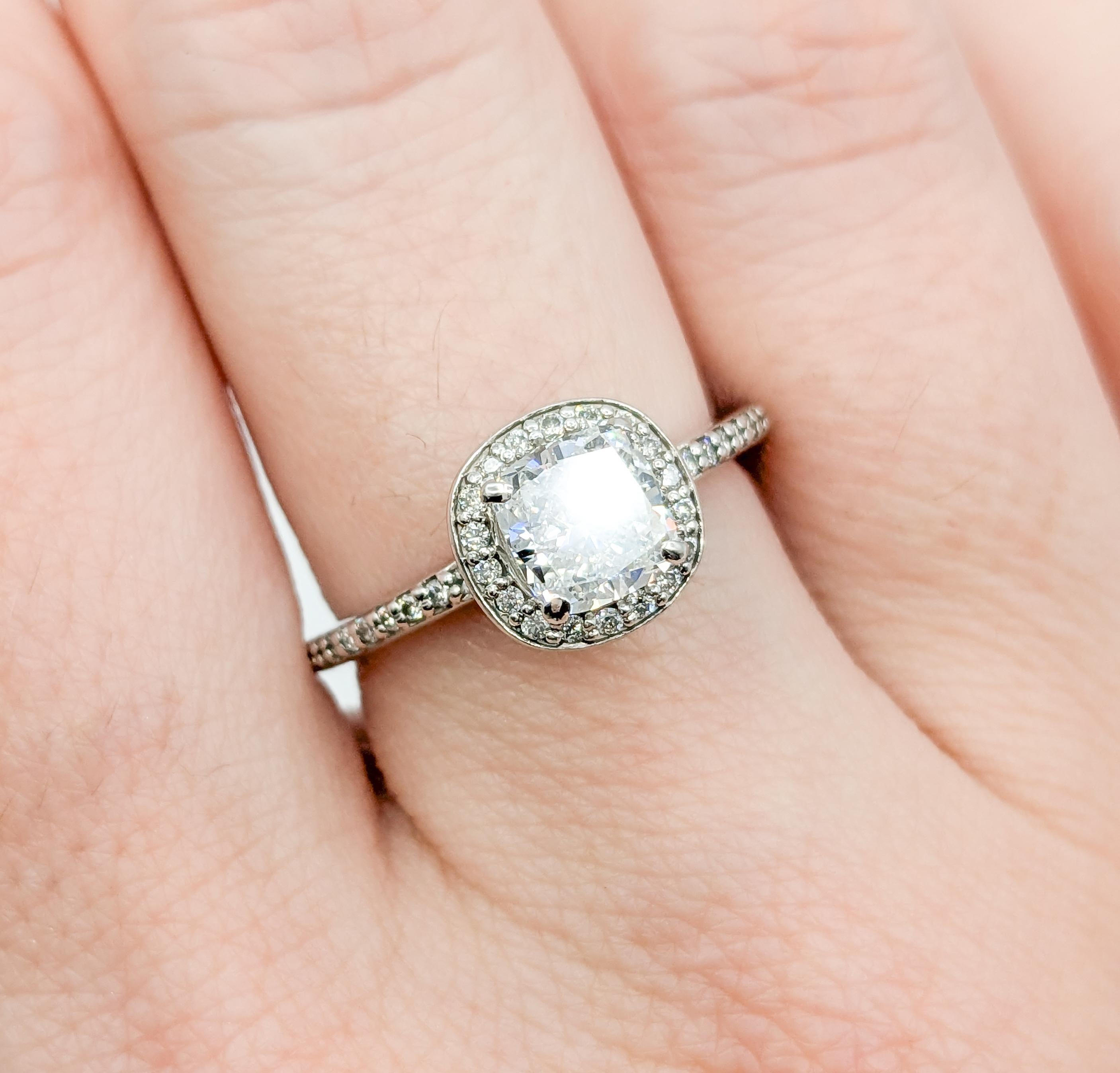 Contemporary Classic 1.00ct Cushion Cut Diamond Halo Engagement Ring in White Gold For Sale