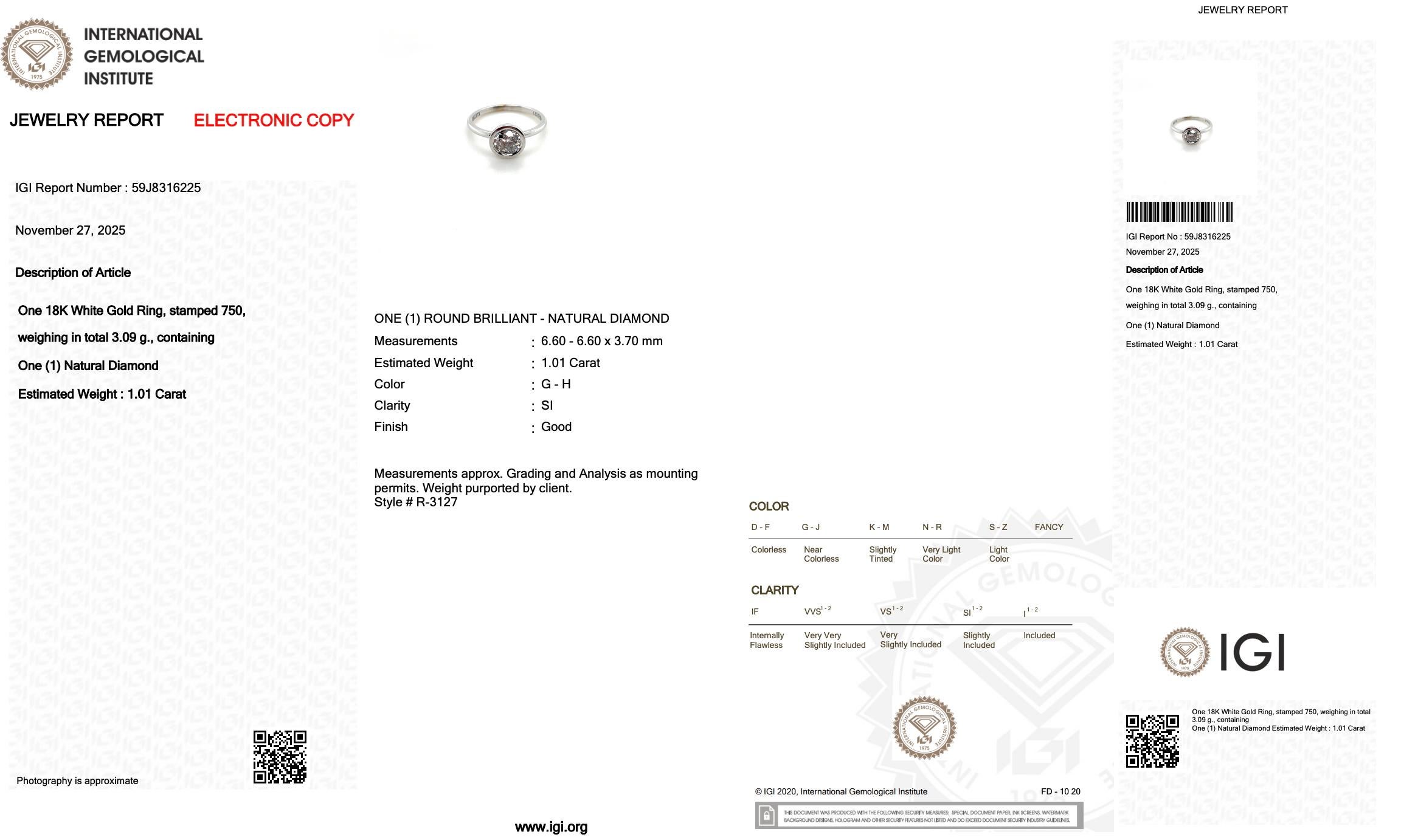 Bague solitaire classique en or blanc 18k avec 1,01ct de diamant - certifié IGI Pour femmes en vente