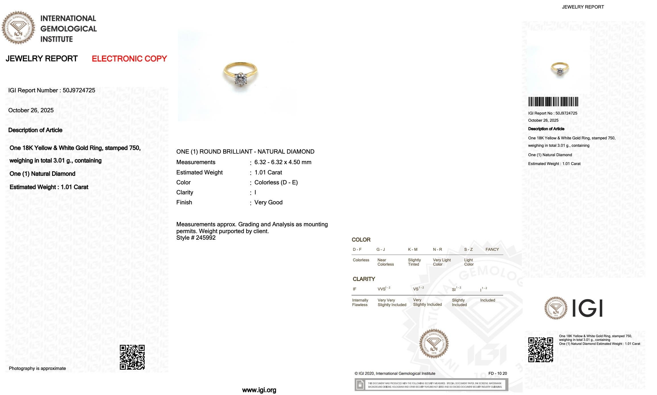 Bague solitaire classique en or blanc et jaune 18k avec 1,01ct de diamant - certifié IGI en vente 1