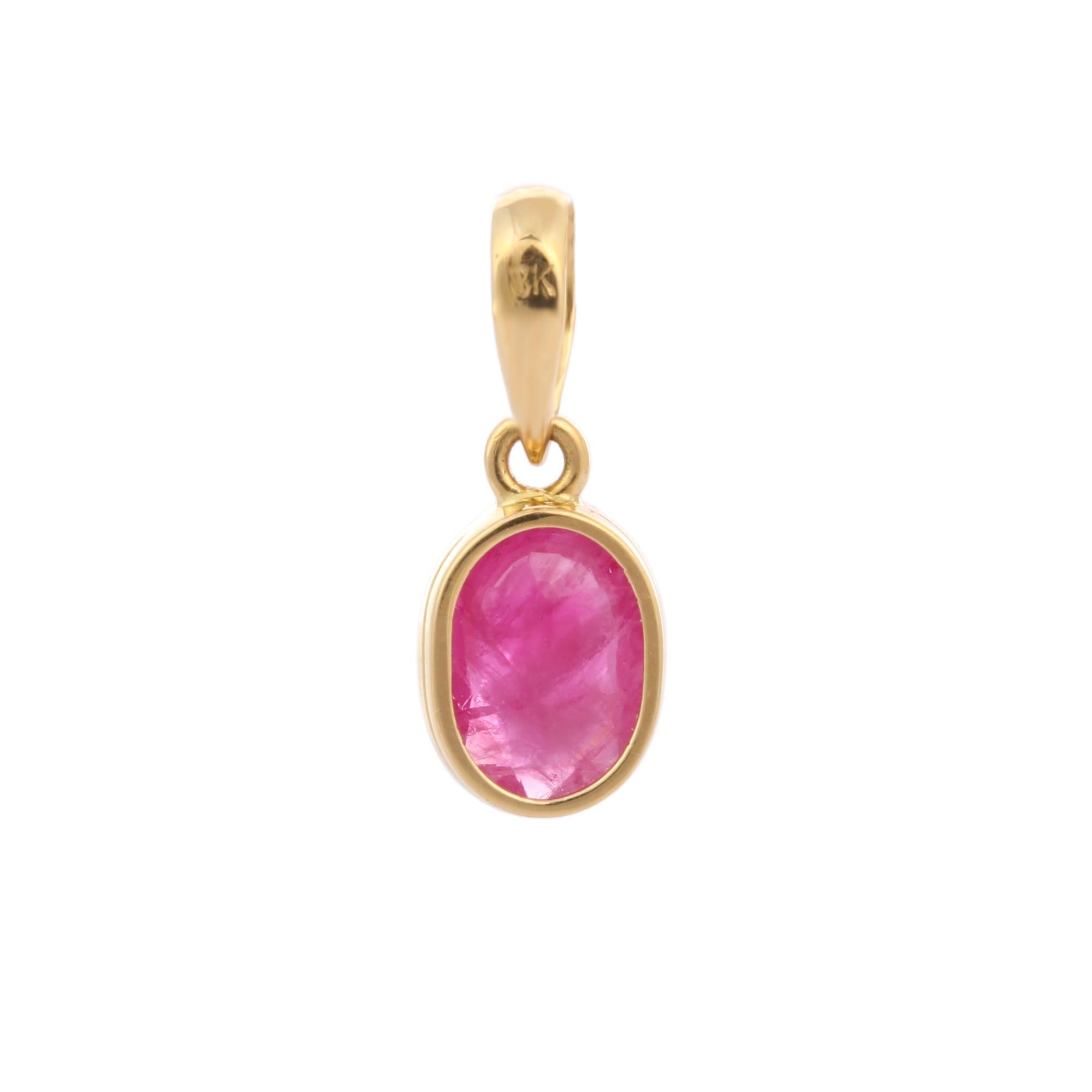 Classic ruby pendant in 18K Gold. It has a oval cut ruby that completes your look with a decent touch. Pendants are used to wear or gifted to represent love and promises. It's an attractive jewelry piece that goes with every basic outfit and wedding