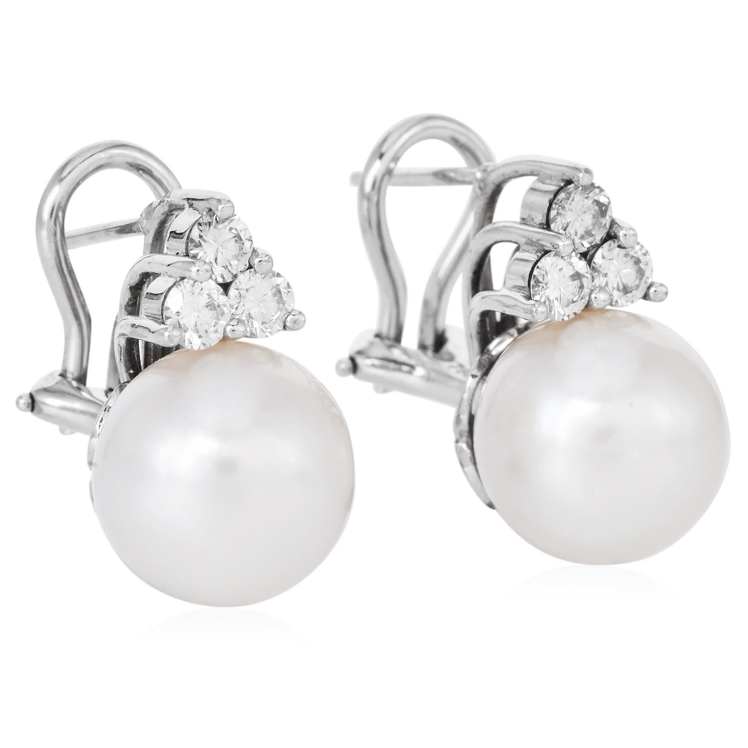 Round Cut Classic 11mm Pearl Diamond 18K White Gold  Clip-On Earrings