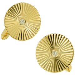 Classic 14 Karat Yellow Gold and Diamond Fluted Cufflinks