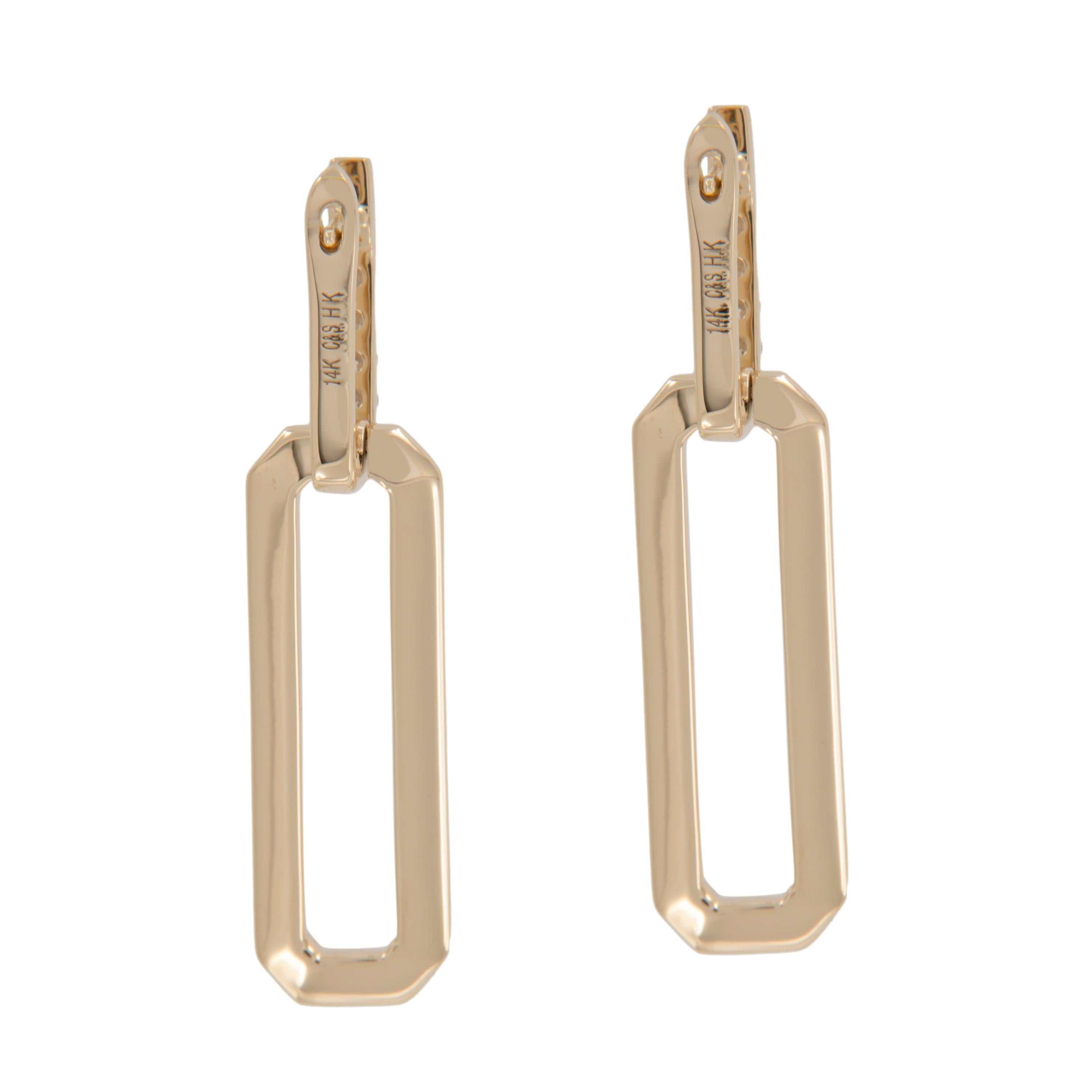 Contemporary Classic 14 Karat Yellow Gold Rectangle Diamond Accented Dangle Earrings  For Sale